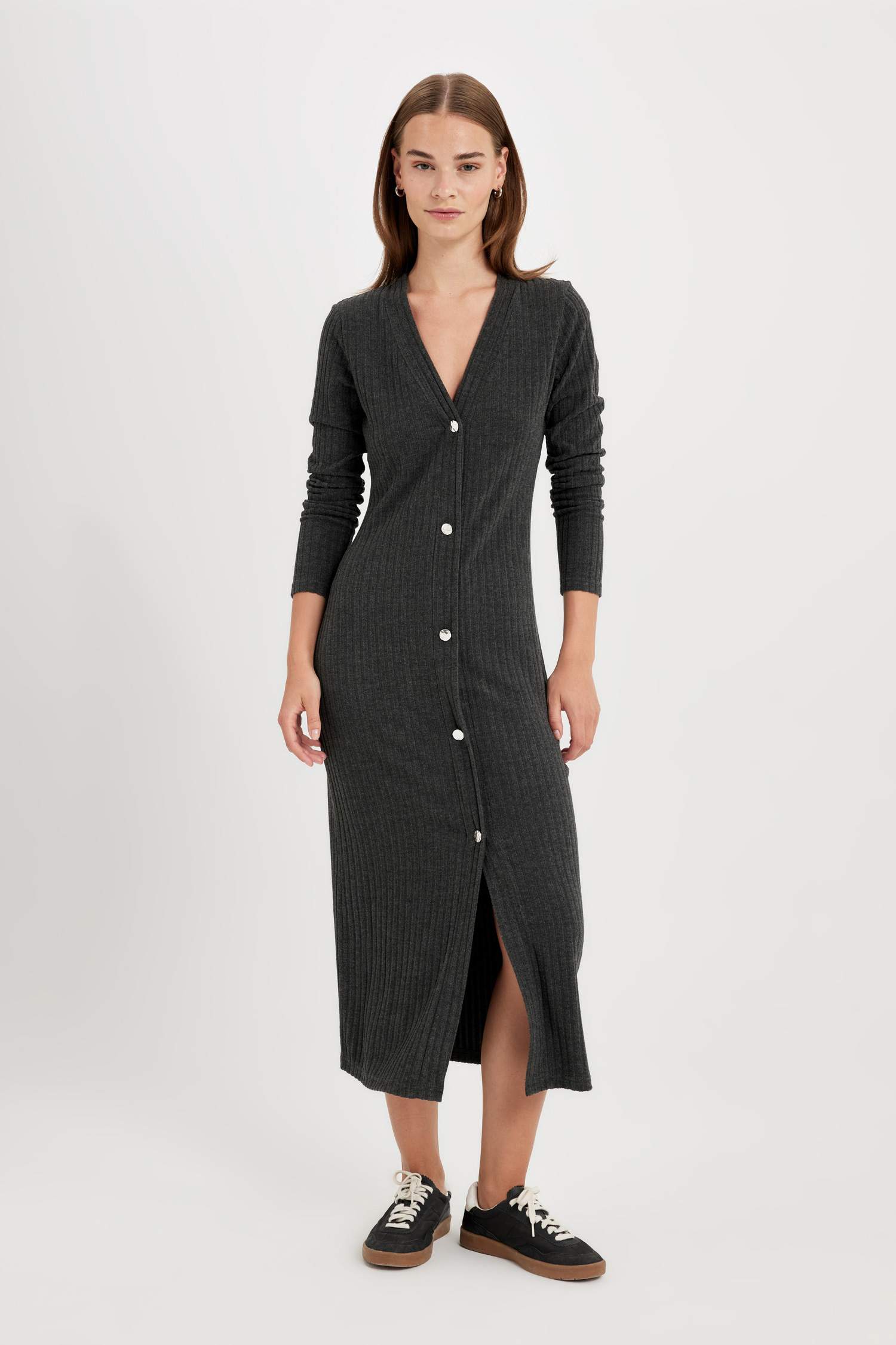 тығыз көйлек v жаға ұзын жеңді Ұзын жеңді трикотаж көйлек