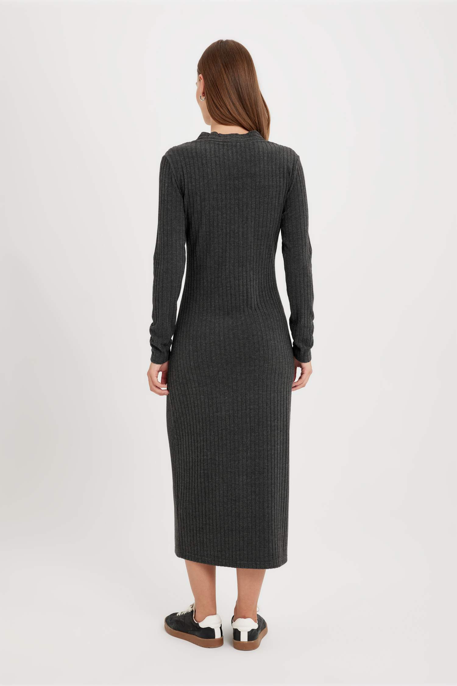 тығыз көйлек v жаға ұзын жеңді Ұзын жеңді трикотаж көйлек