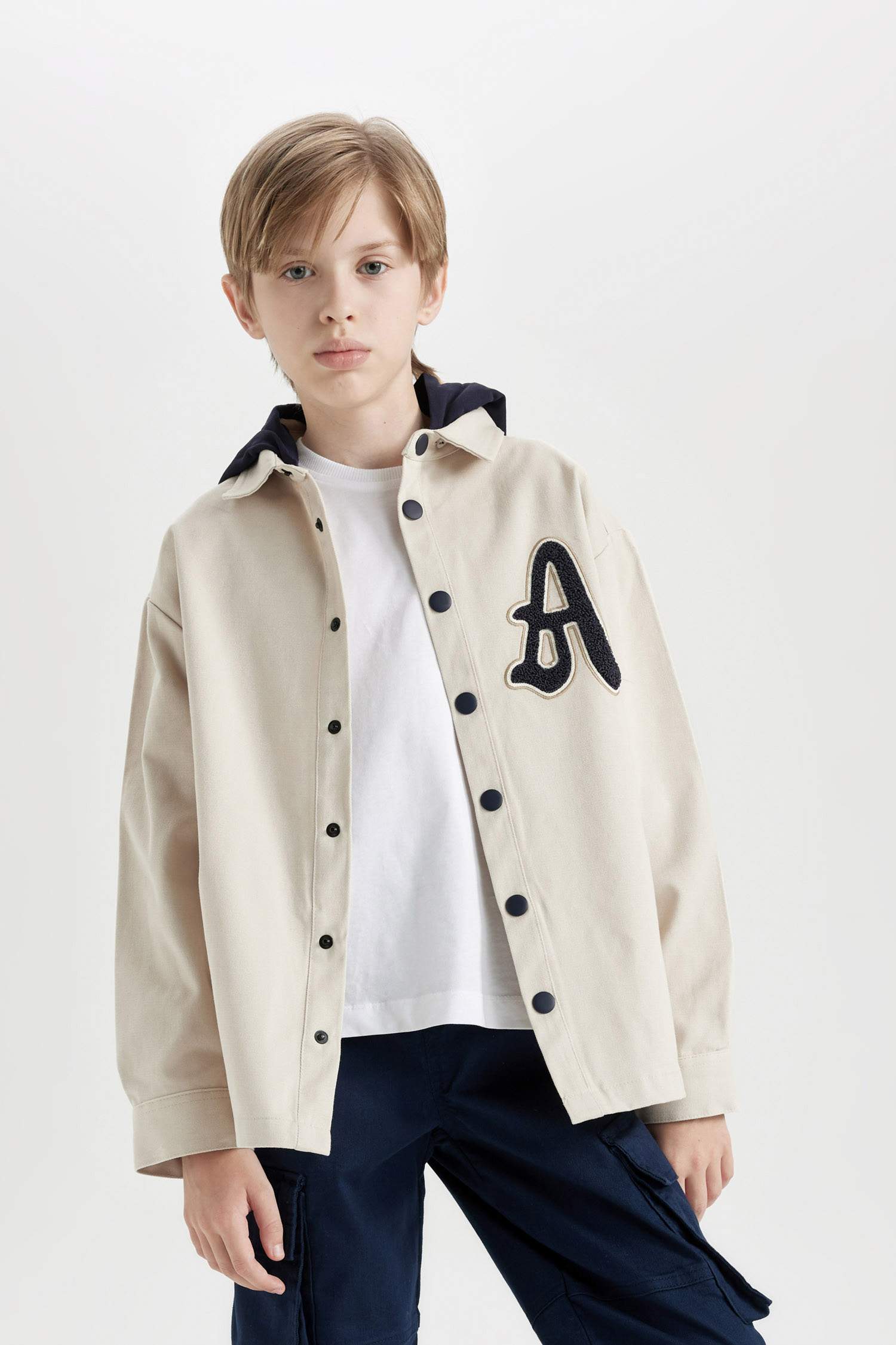 Boy Oversize Fit Hooded Gabardine Long Sleeve Shirt