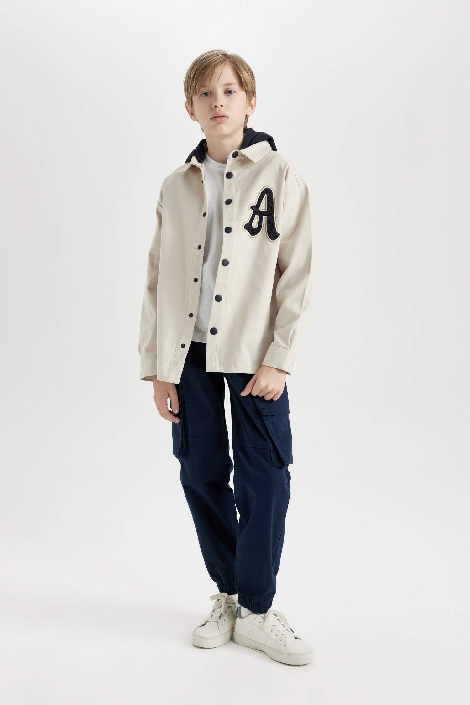 Boy Oversize Fit Hooded Gabardine Long Sleeve Shirt