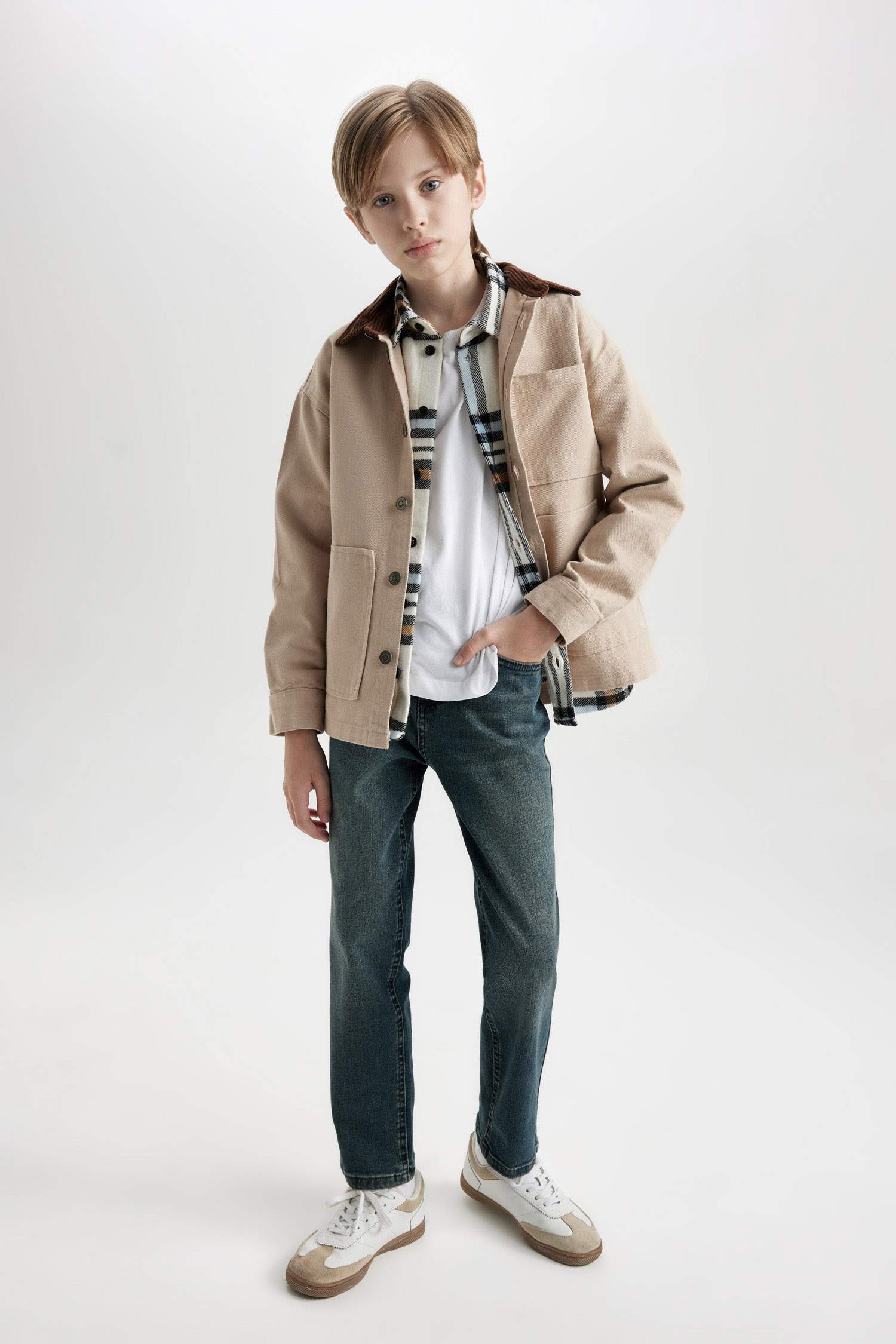 Boy Oversize Fit Polo Collar Gabardine Long Sleeve Shirt