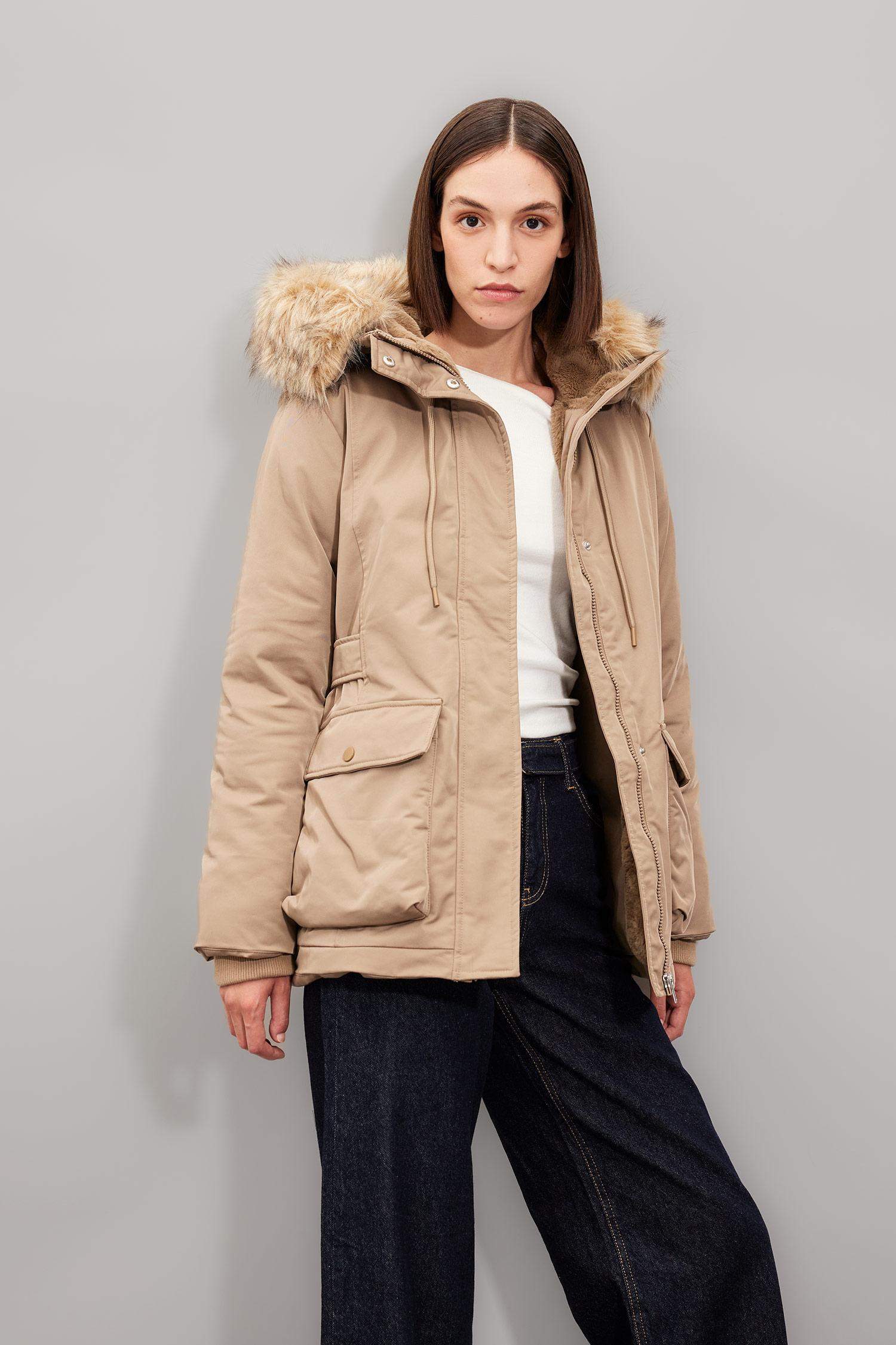 Hooded Zippered Pocketed Faux Fur Waterproof Jacket