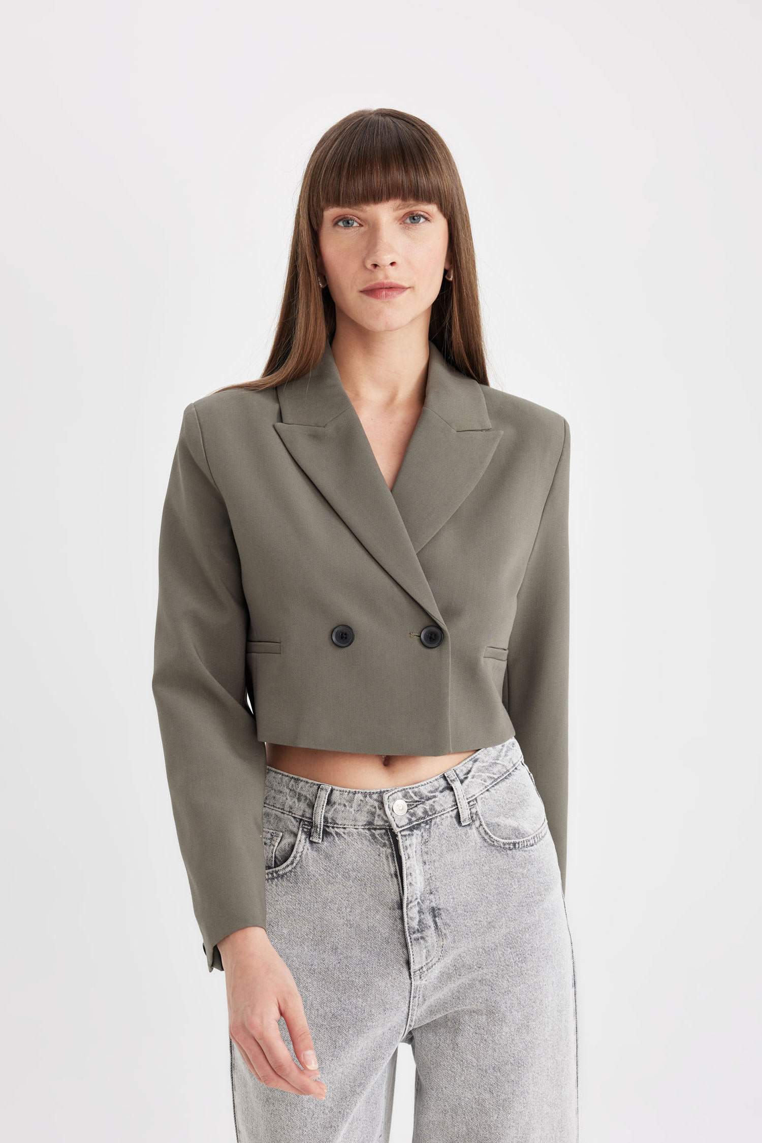 Crop Ceket Yaka Düğmeli Blazer Ceket