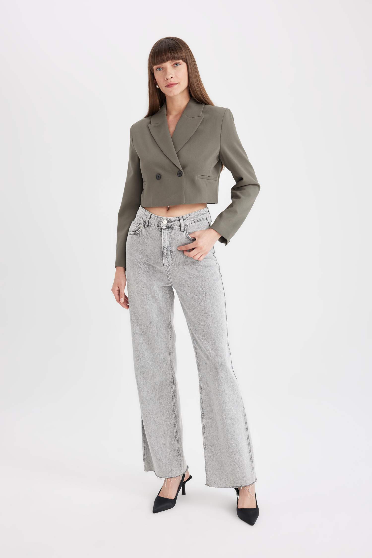 Crop Ceket Yaka Düğmeli Blazer Ceket