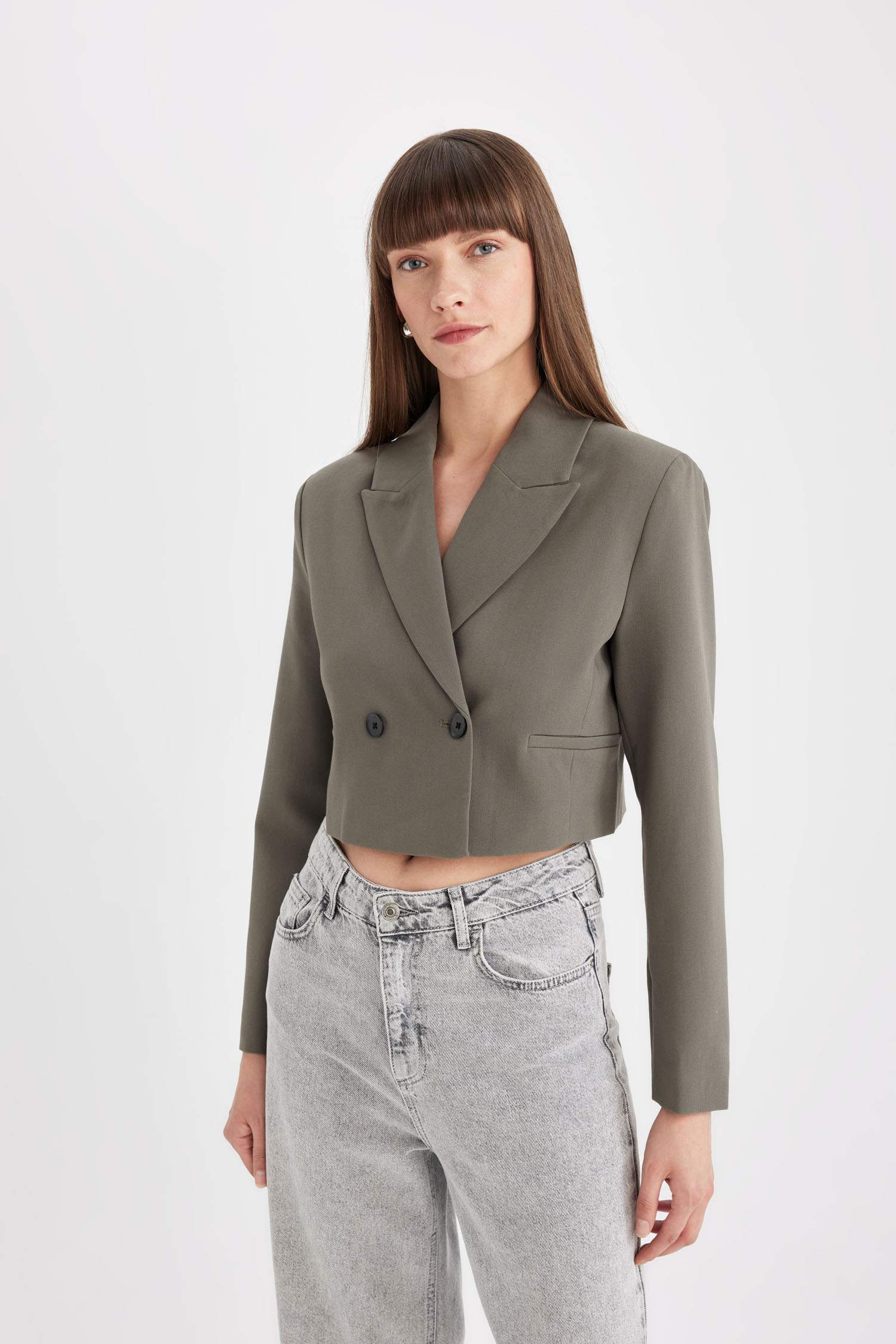 Crop Ceket Yaka Düğmeli Blazer Ceket