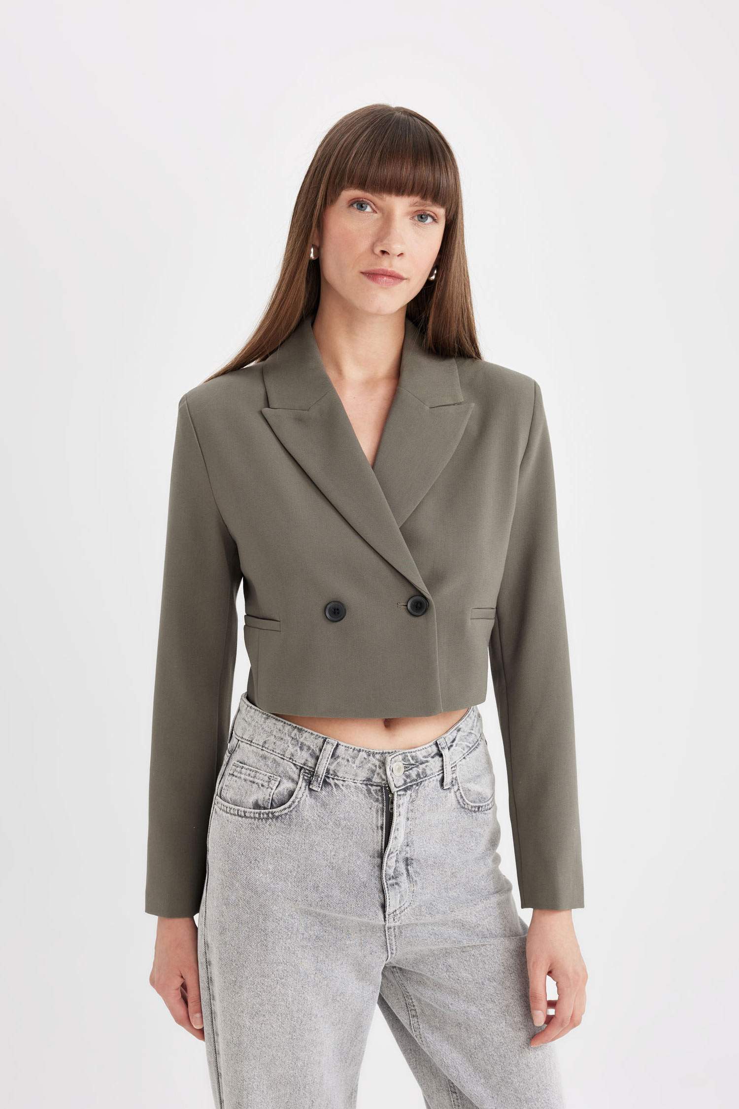 Crop Ceket Yaka Düğmeli Blazer Ceket