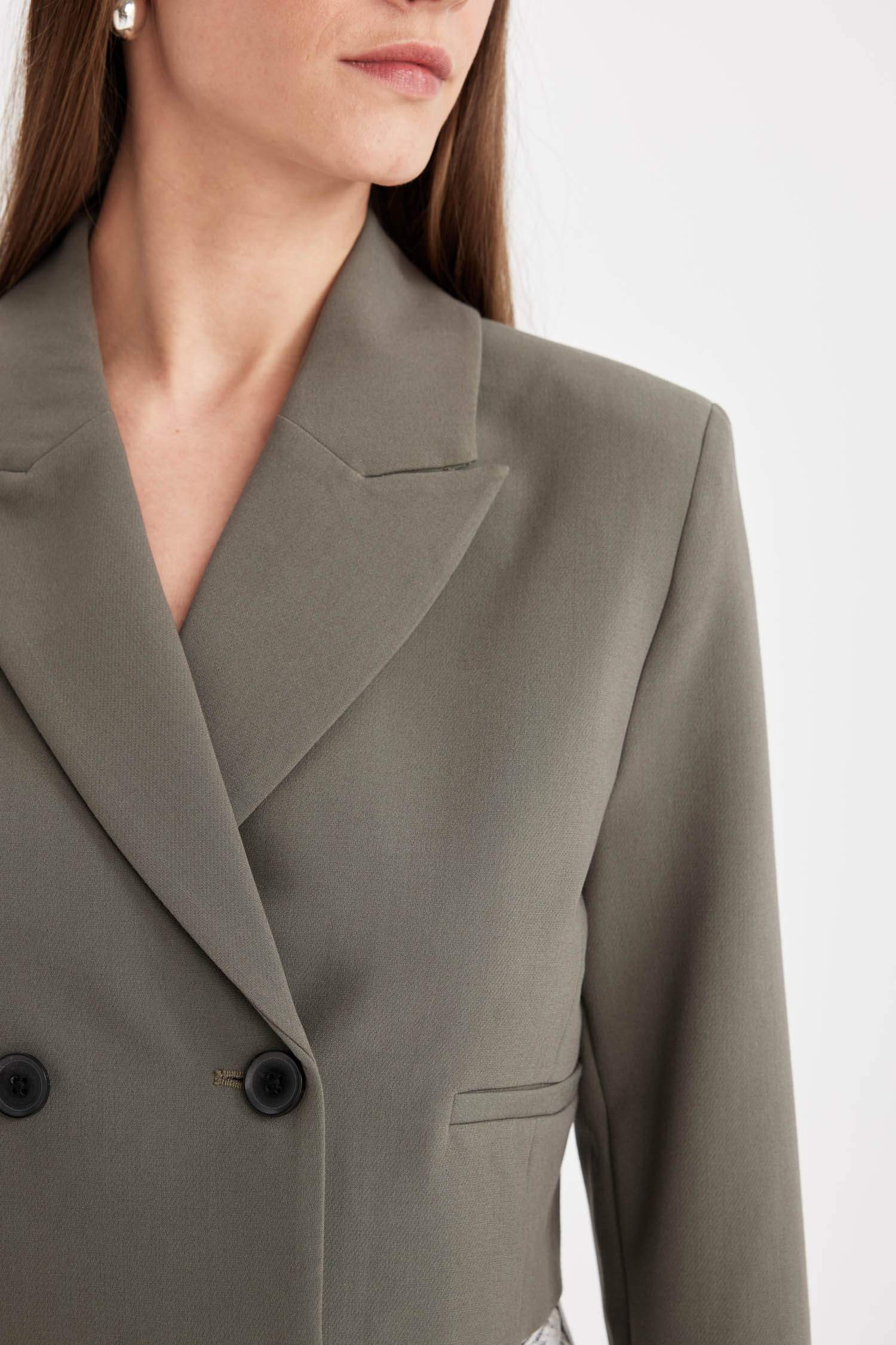 Crop Ceket Yaka Düğmeli Blazer Ceket