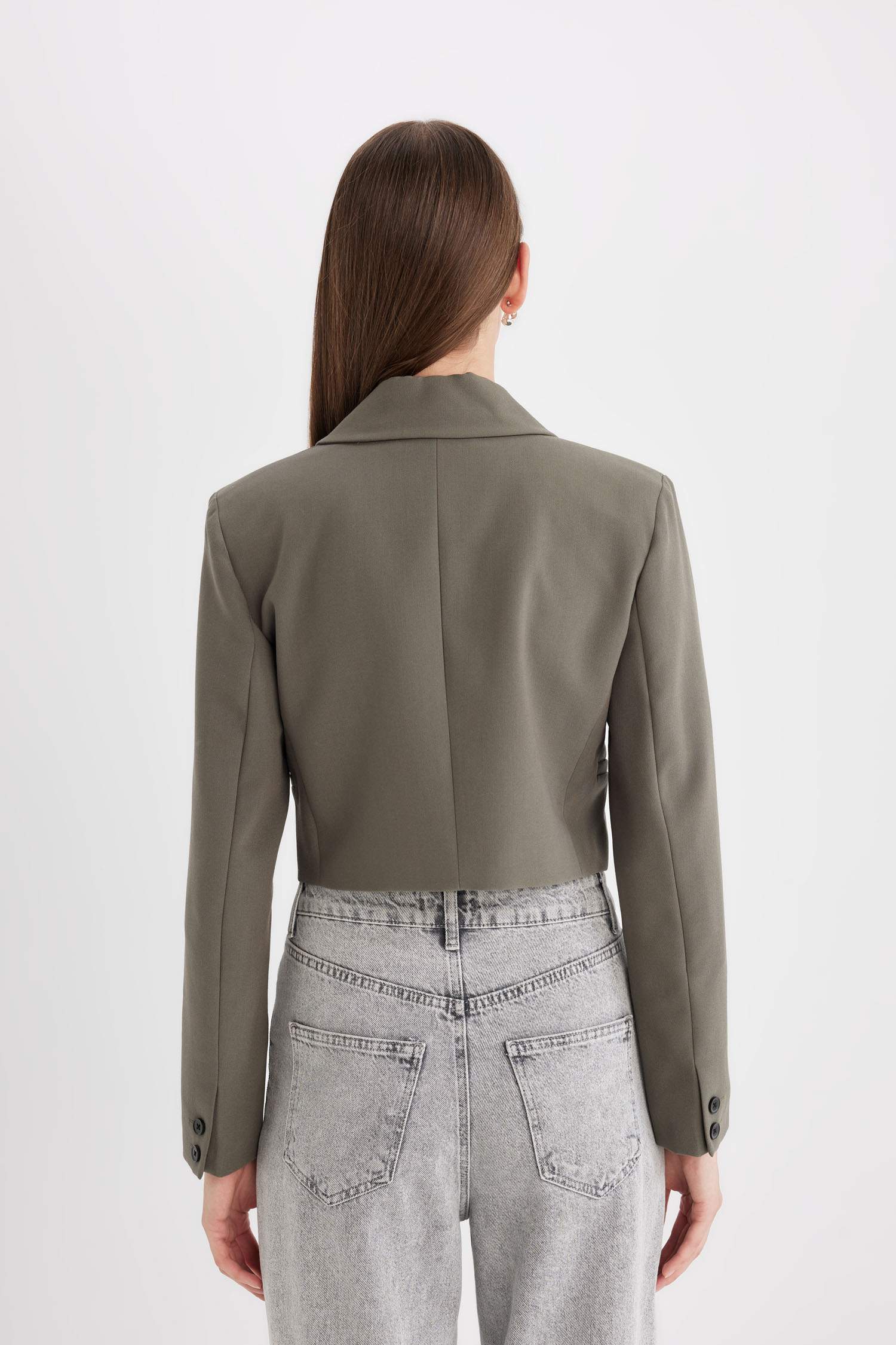 Crop Ceket Yaka Düğmeli Blazer Ceket
