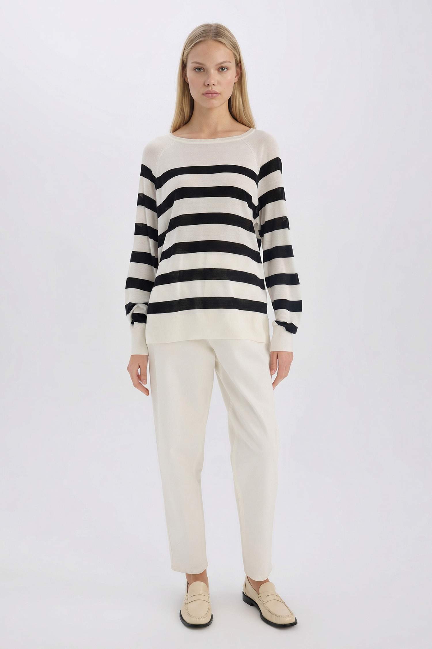 Regular Fit Kayık Yaka Çizgili Triko Kazak