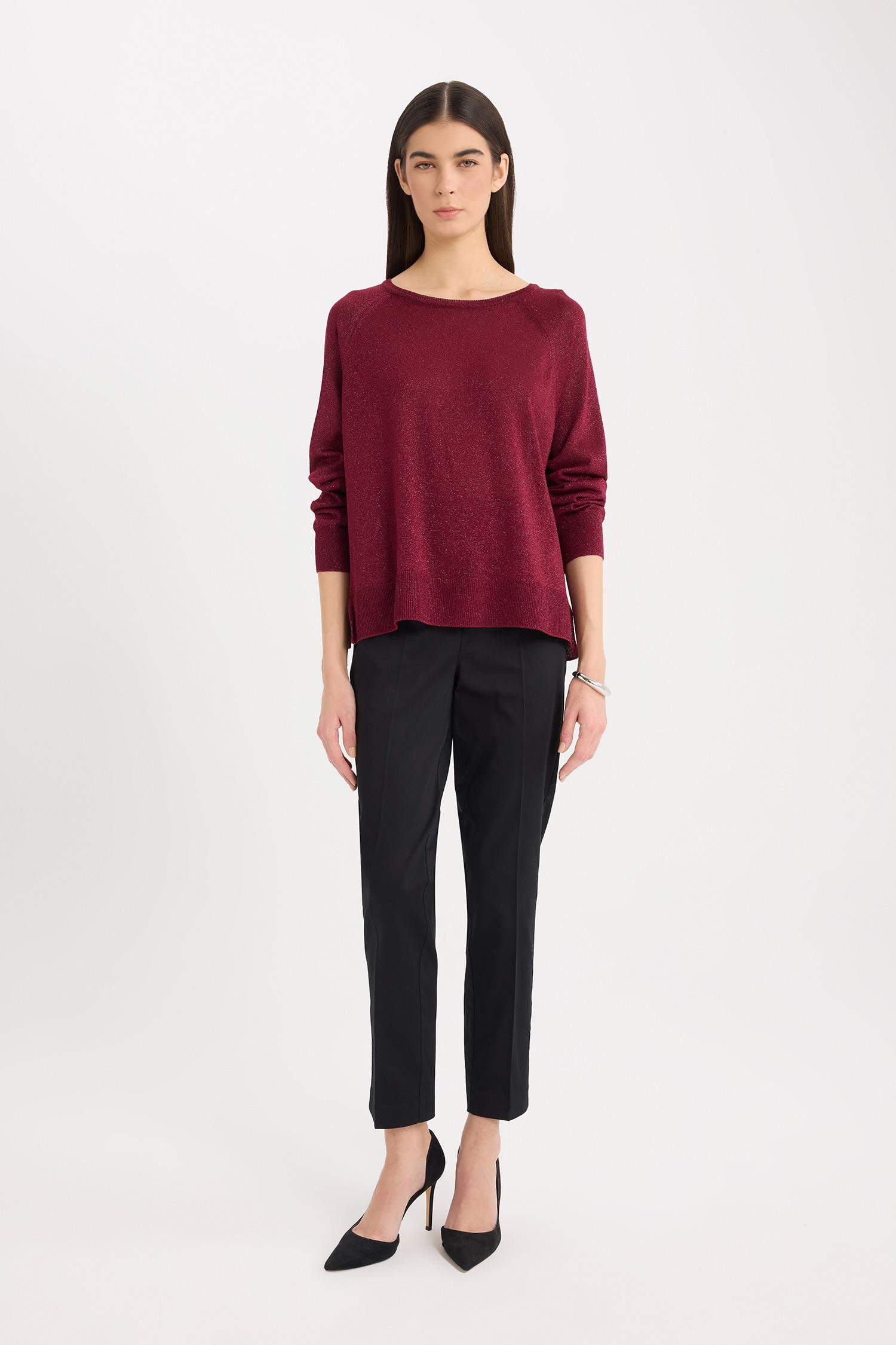 Regular Fit Bisiklet Yaka Basic Düz Bordo Triko Kazak