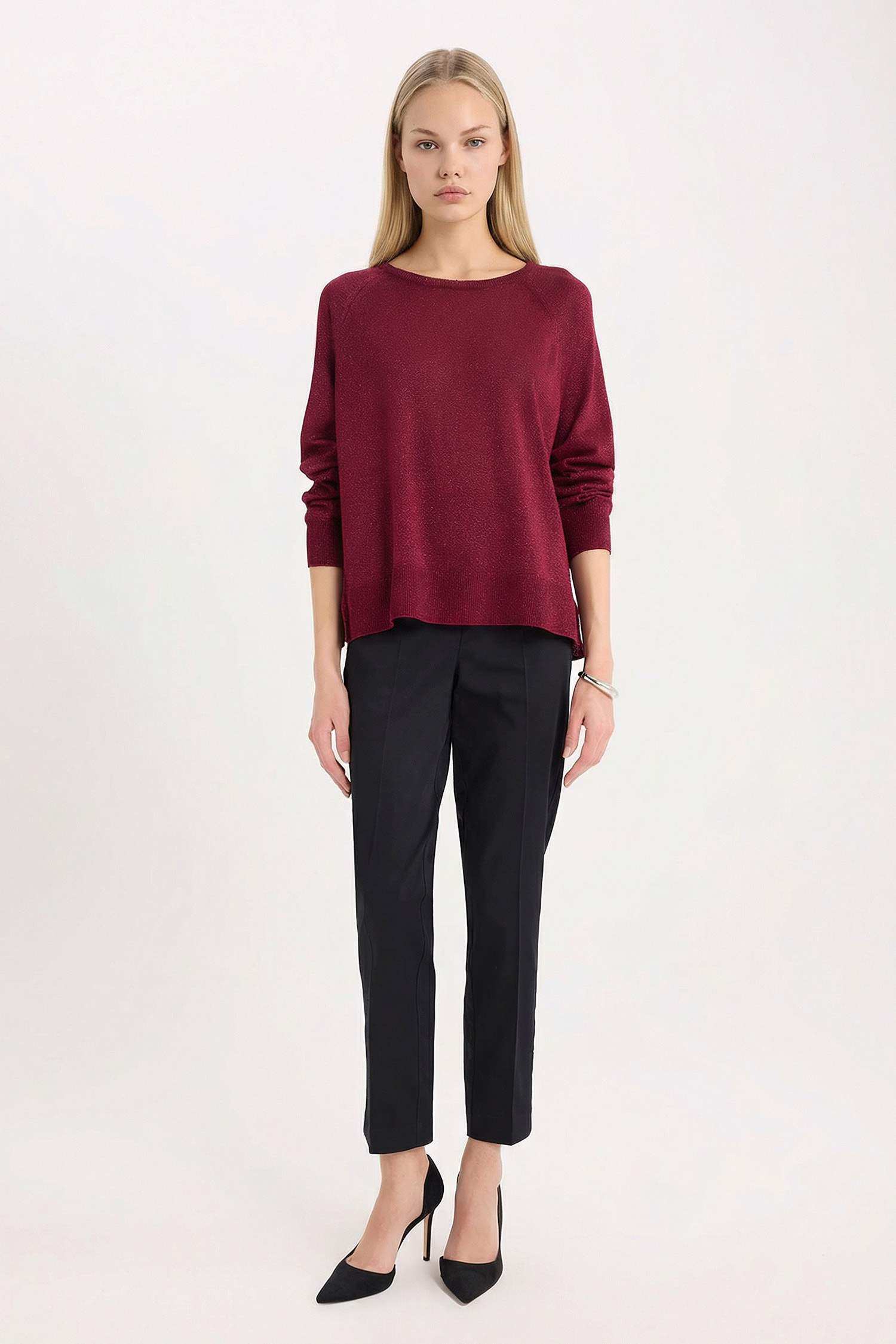 Regular Fit Bisiklet Yaka Basic Düz Bordo Triko Kazak