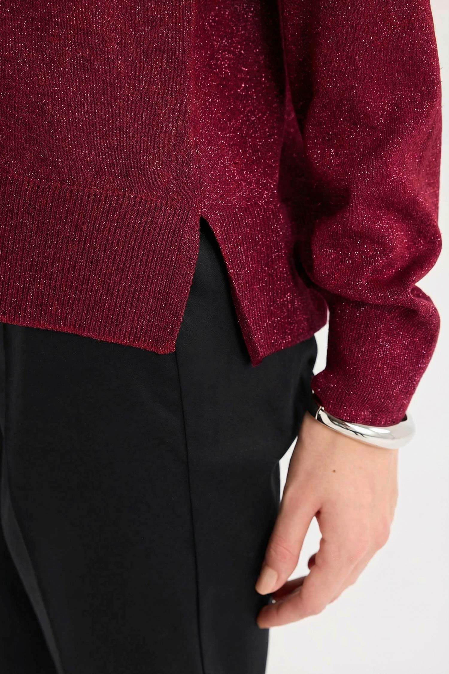 Regular Fit Bisiklet Yaka Basic Düz Bordo Triko Kazak