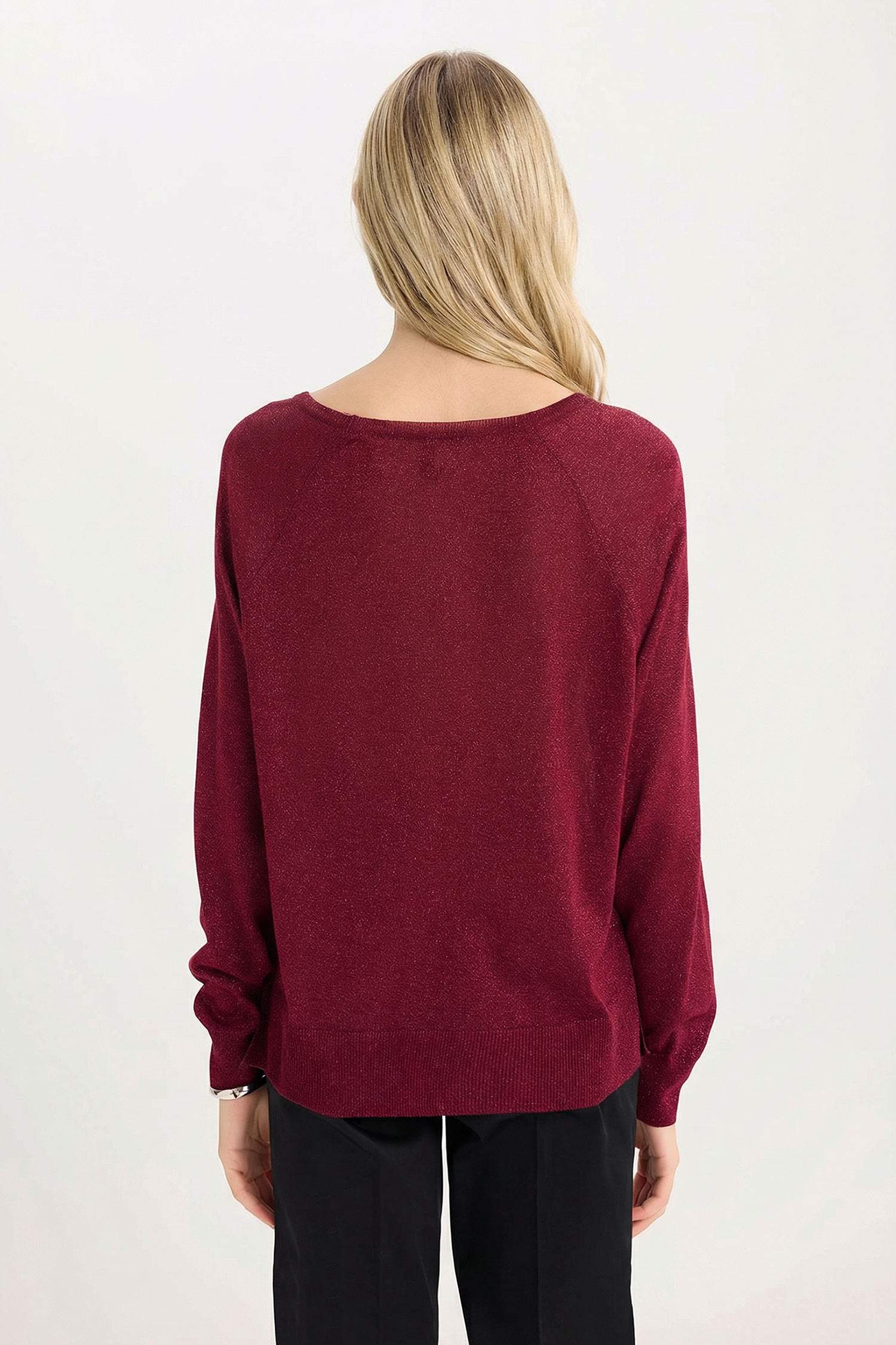 Regular Fit Bisiklet Yaka Basic Düz Bordo Triko Kazak