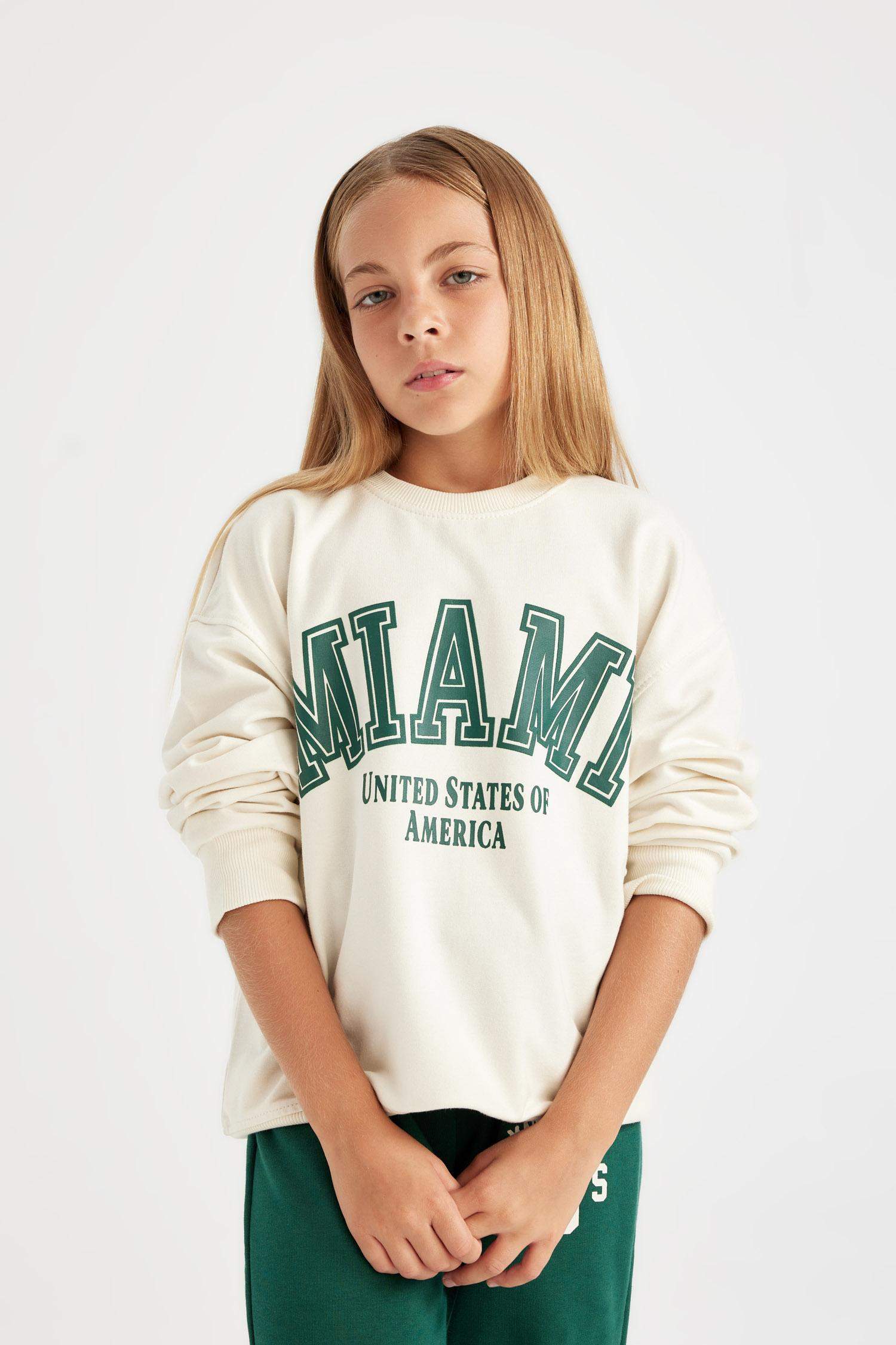 Kız Çocuk Relax Fit Bisiklet Yaka Baskılı Okul Sweatshirt