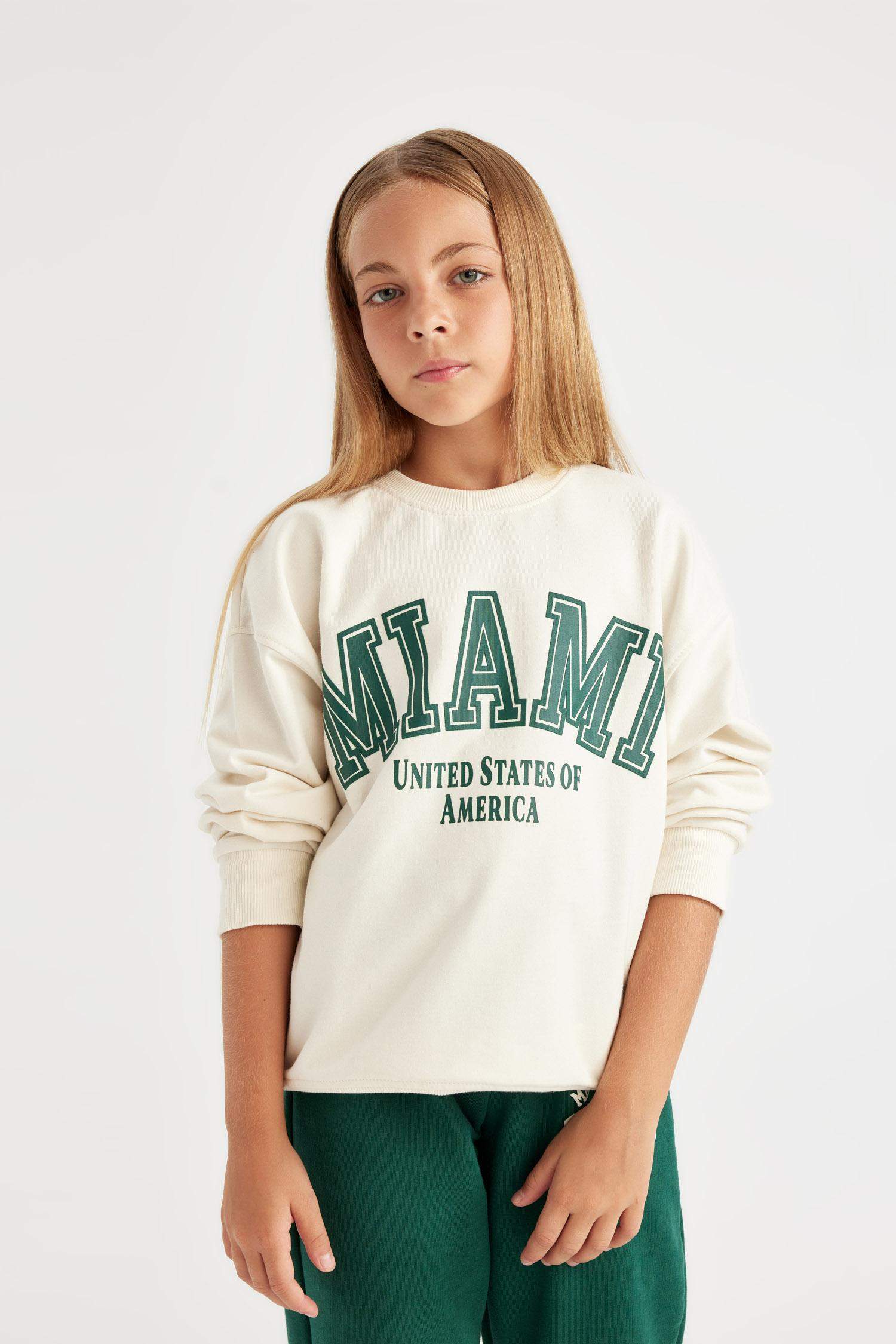 Kız Çocuk Relax Fit Bisiklet Yaka Baskılı Okul Sweatshirt