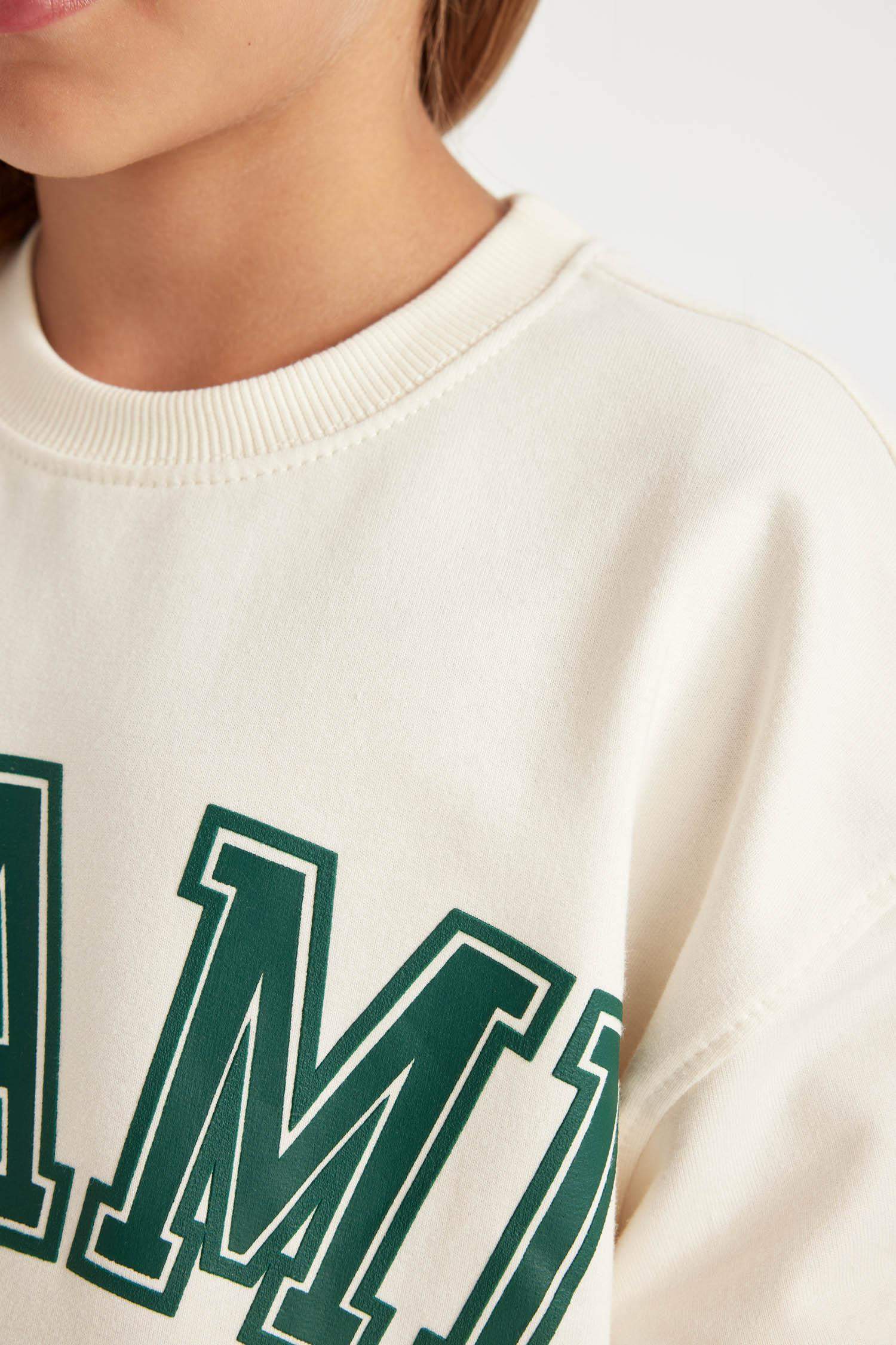 Kız Çocuk Relax Fit Bisiklet Yaka Baskılı Okul Sweatshirt