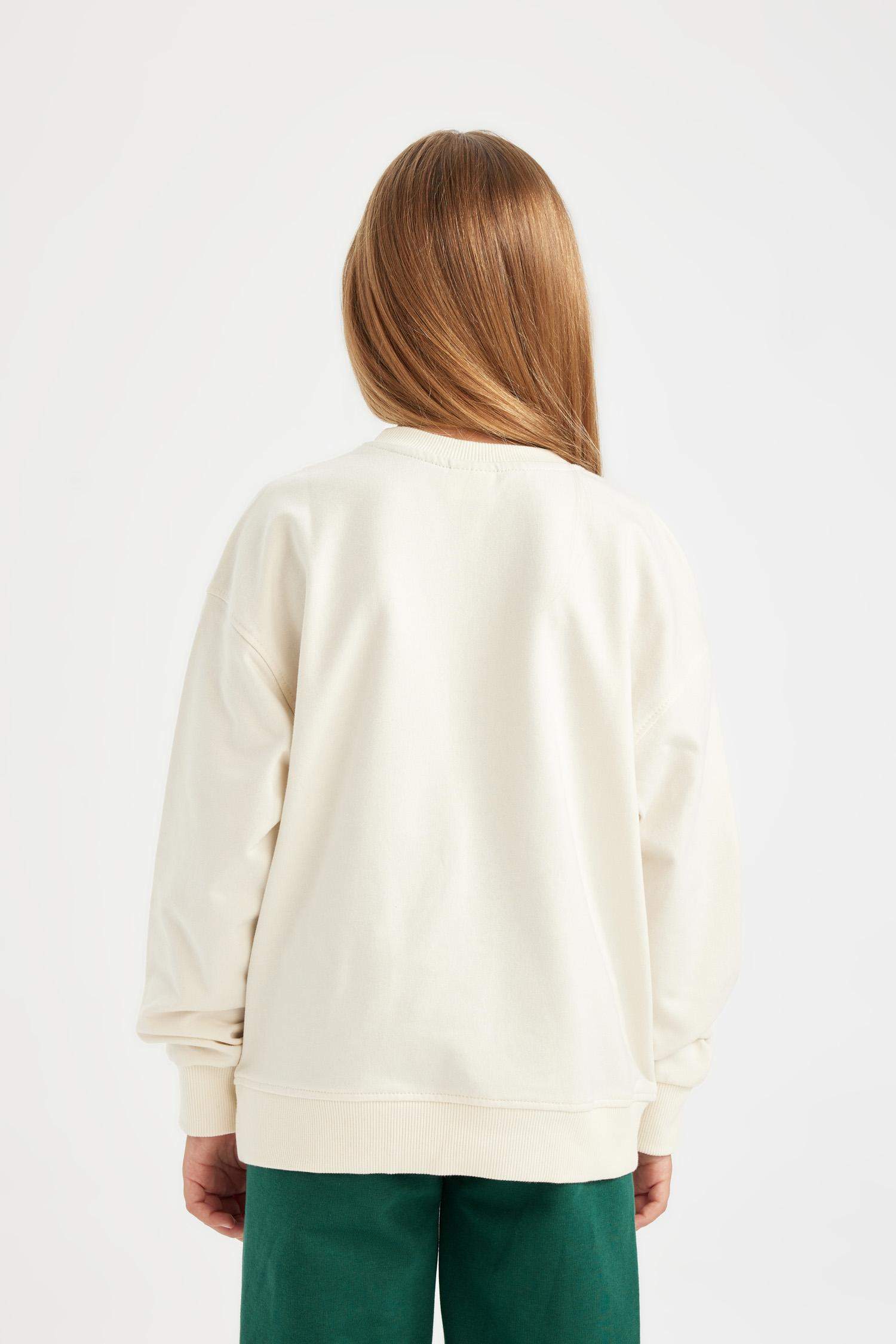 Kız Çocuk Relax Fit Bisiklet Yaka Baskılı Okul Sweatshirt