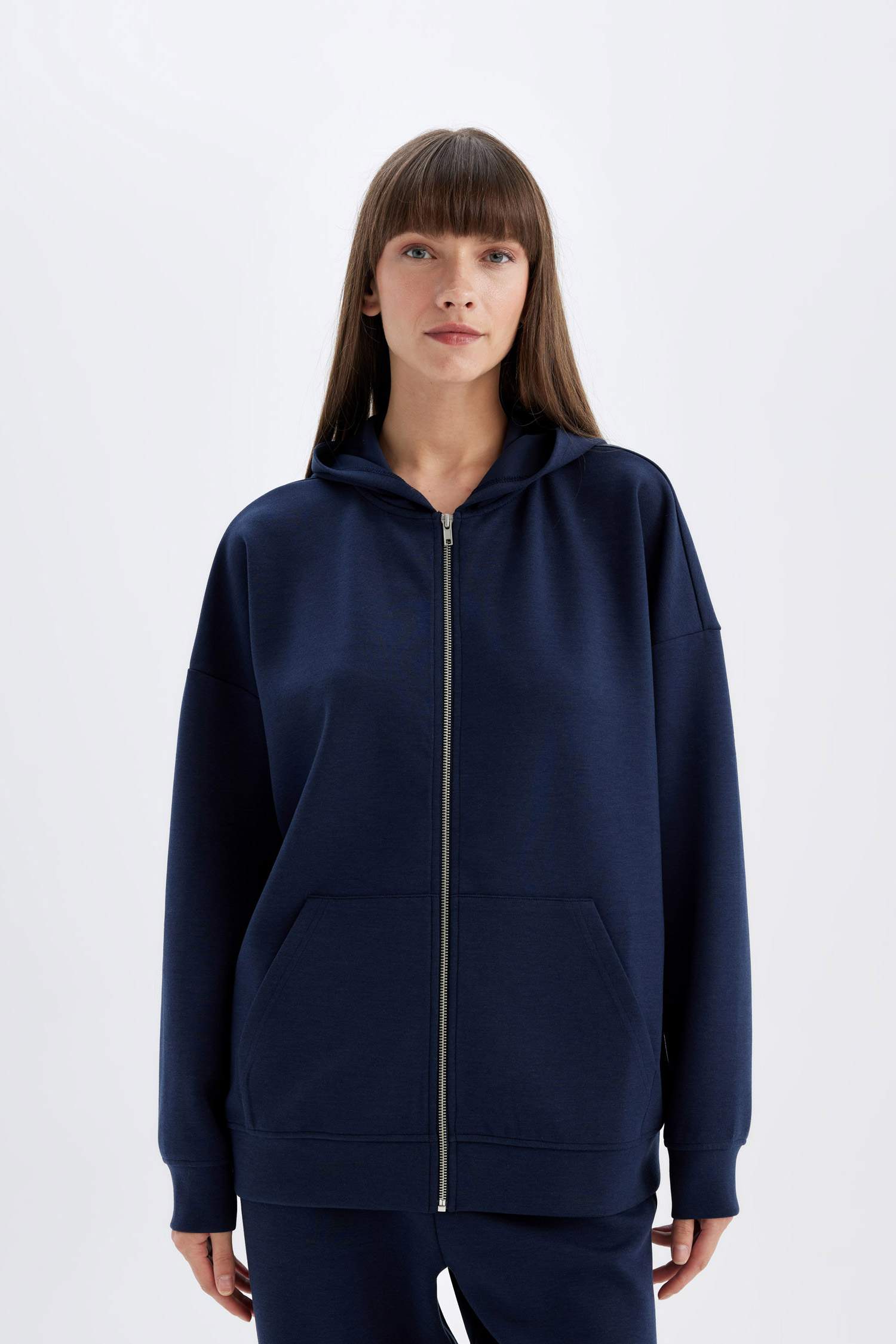 Oversize Fit Hooded Basic Scuba Fabric Zippered Sweatshirt