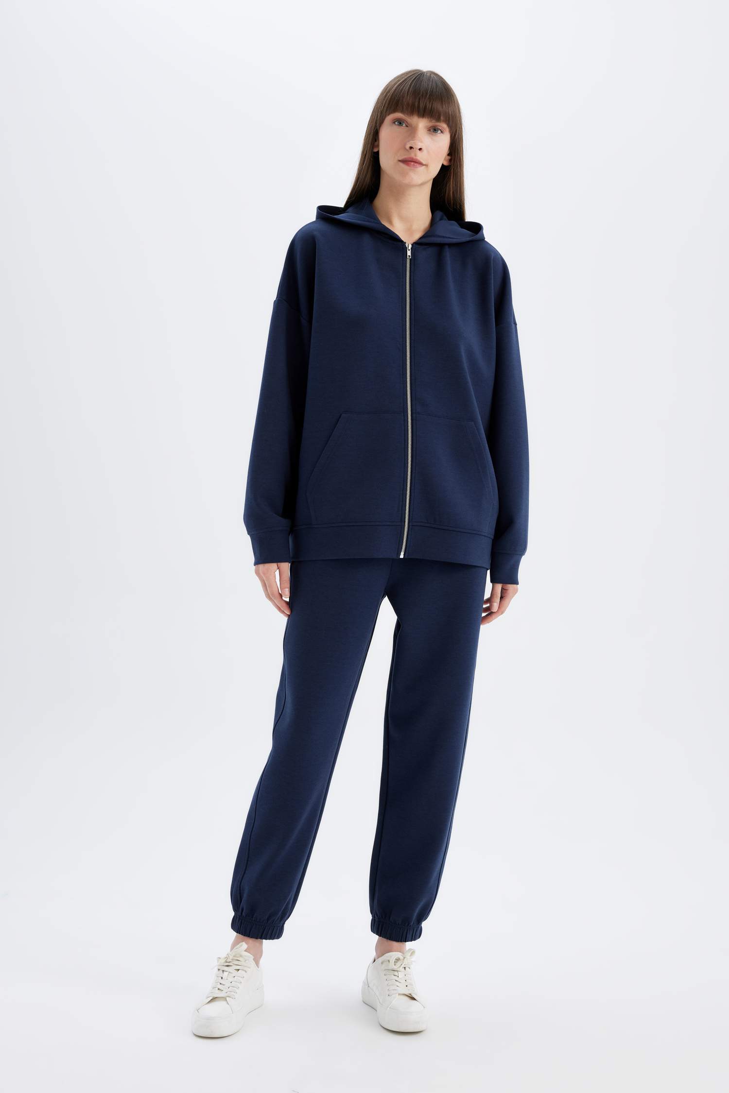 Oversize Fit Hooded Basic Scuba Fabric Zippered Sweatshirt