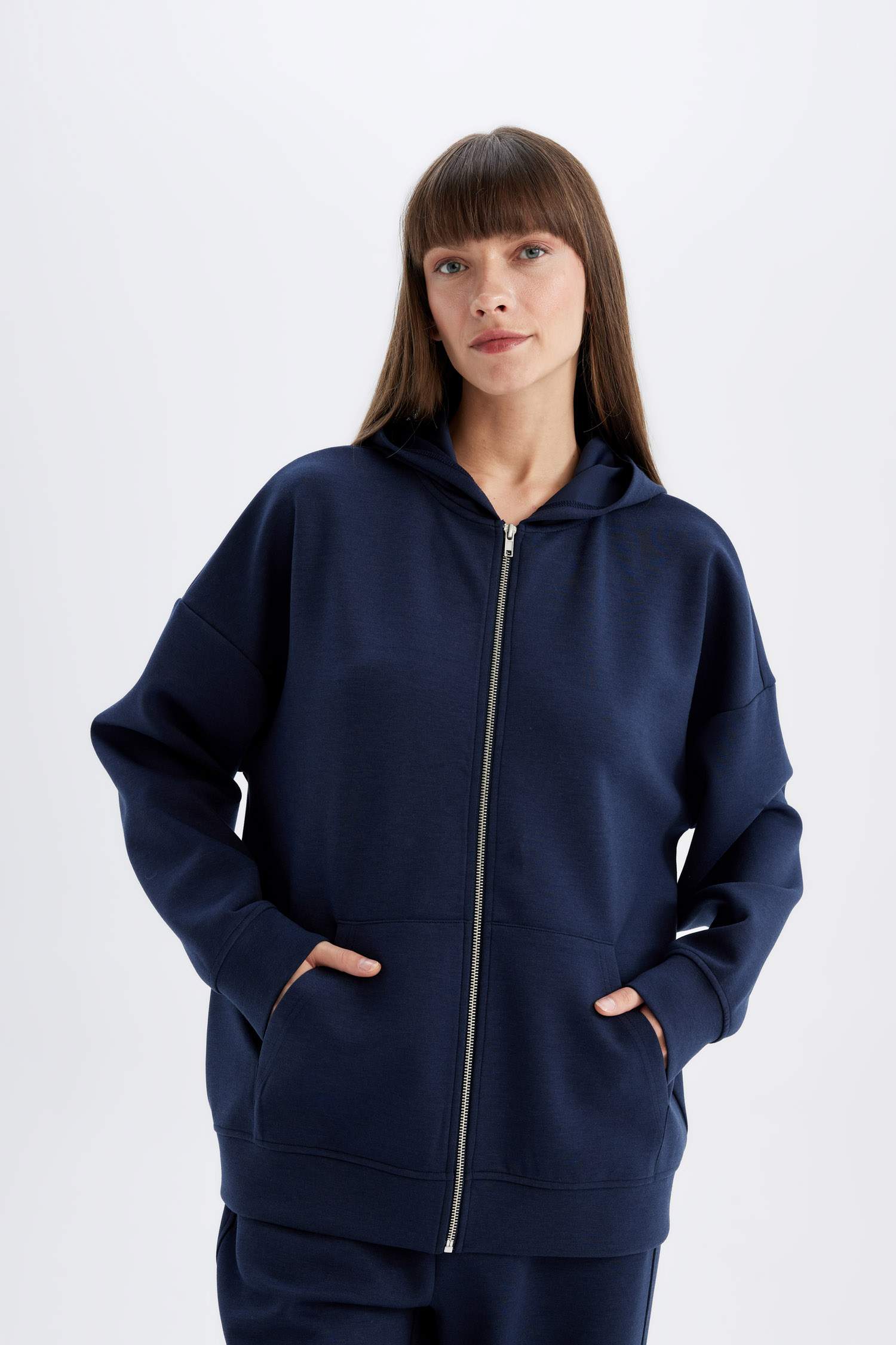 Oversize Fit Hooded Basic Scuba Fabric Zippered Sweatshirt