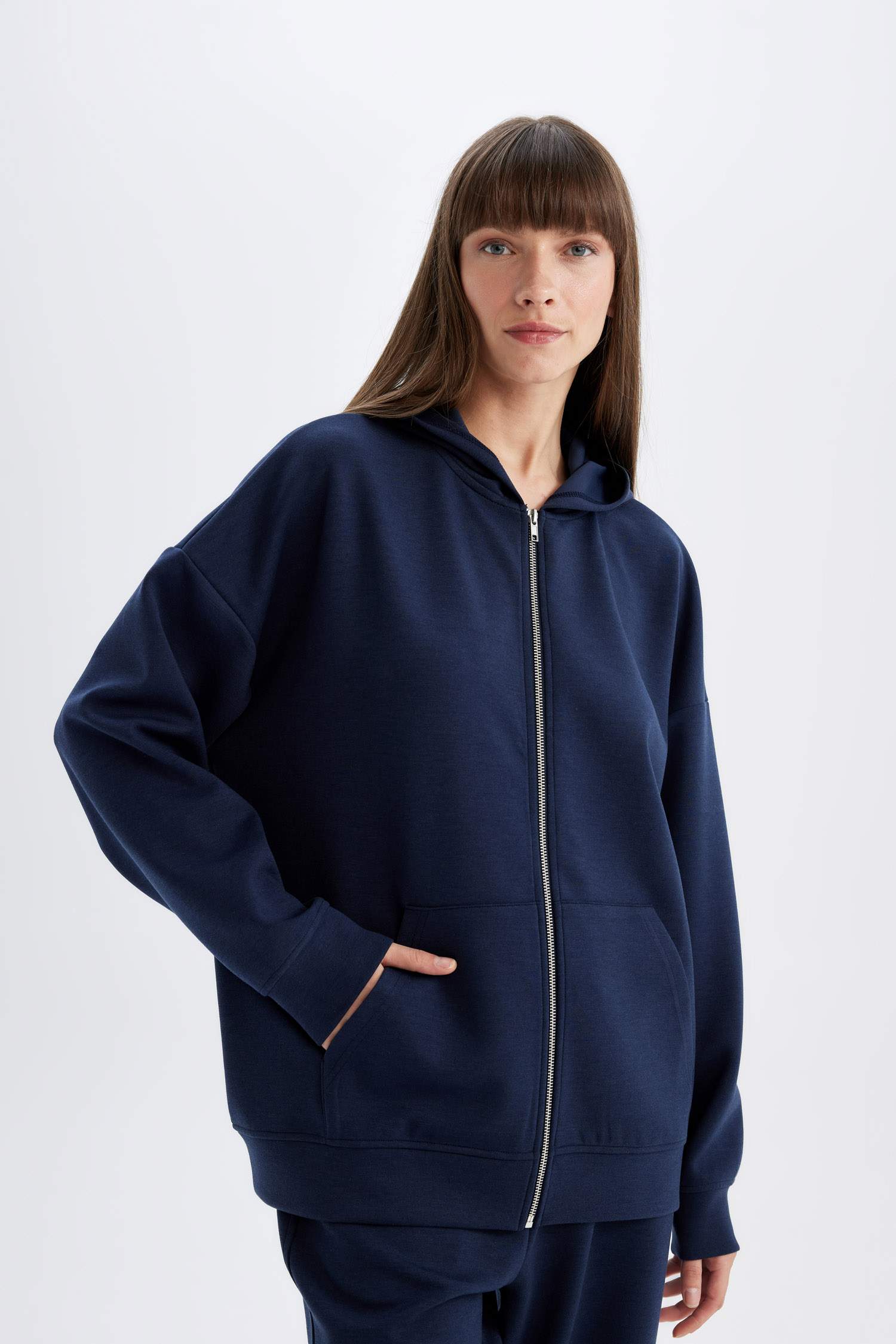 Oversize Fit Hooded Basic Scuba Fabric Zippered Sweatshirt