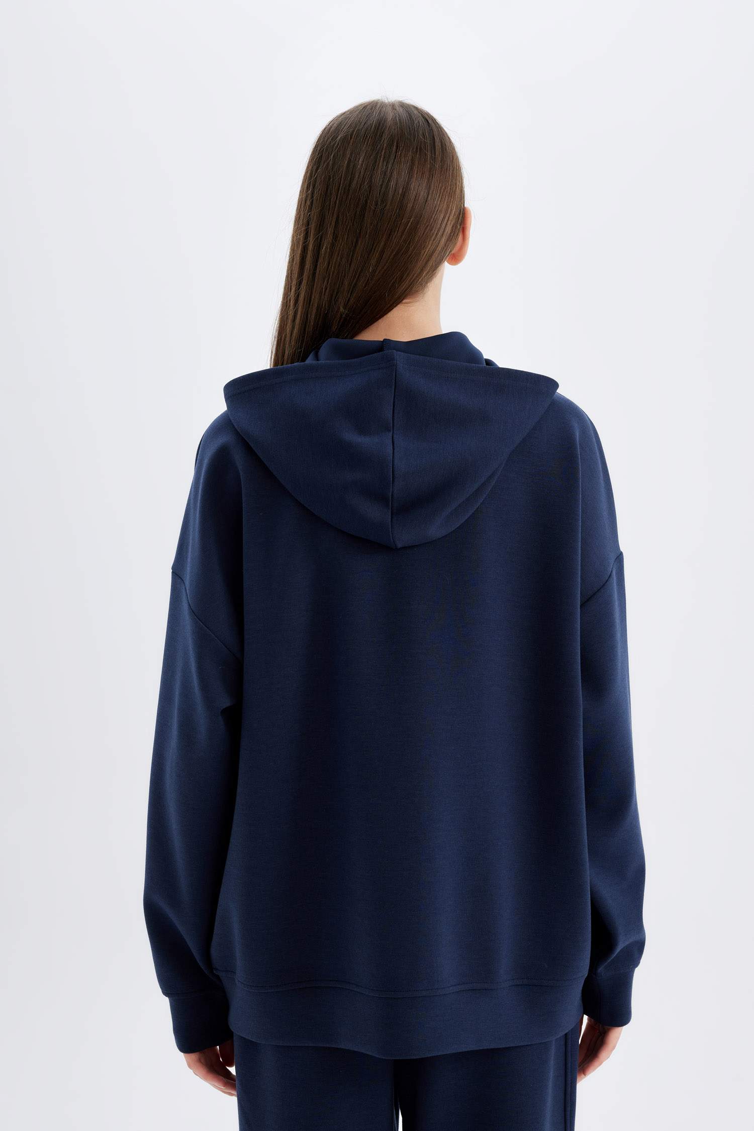 Oversize Fit Hooded Basic Scuba Fabric Zippered Sweatshirt