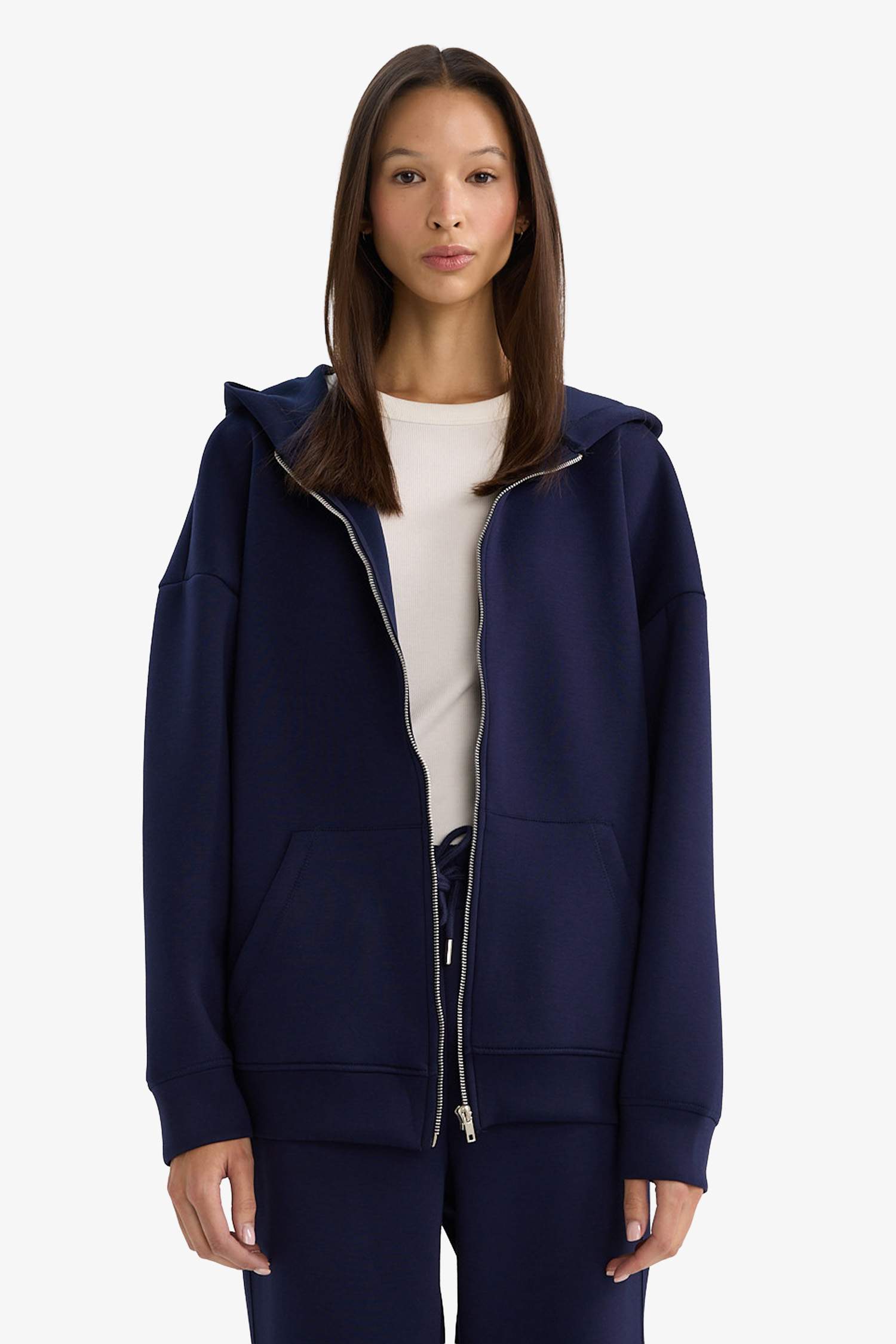 Oversize Geniş Kalıp Kapüşonlu Skuba Dalgıç Kumaş Fermuarlı Sweatshirt