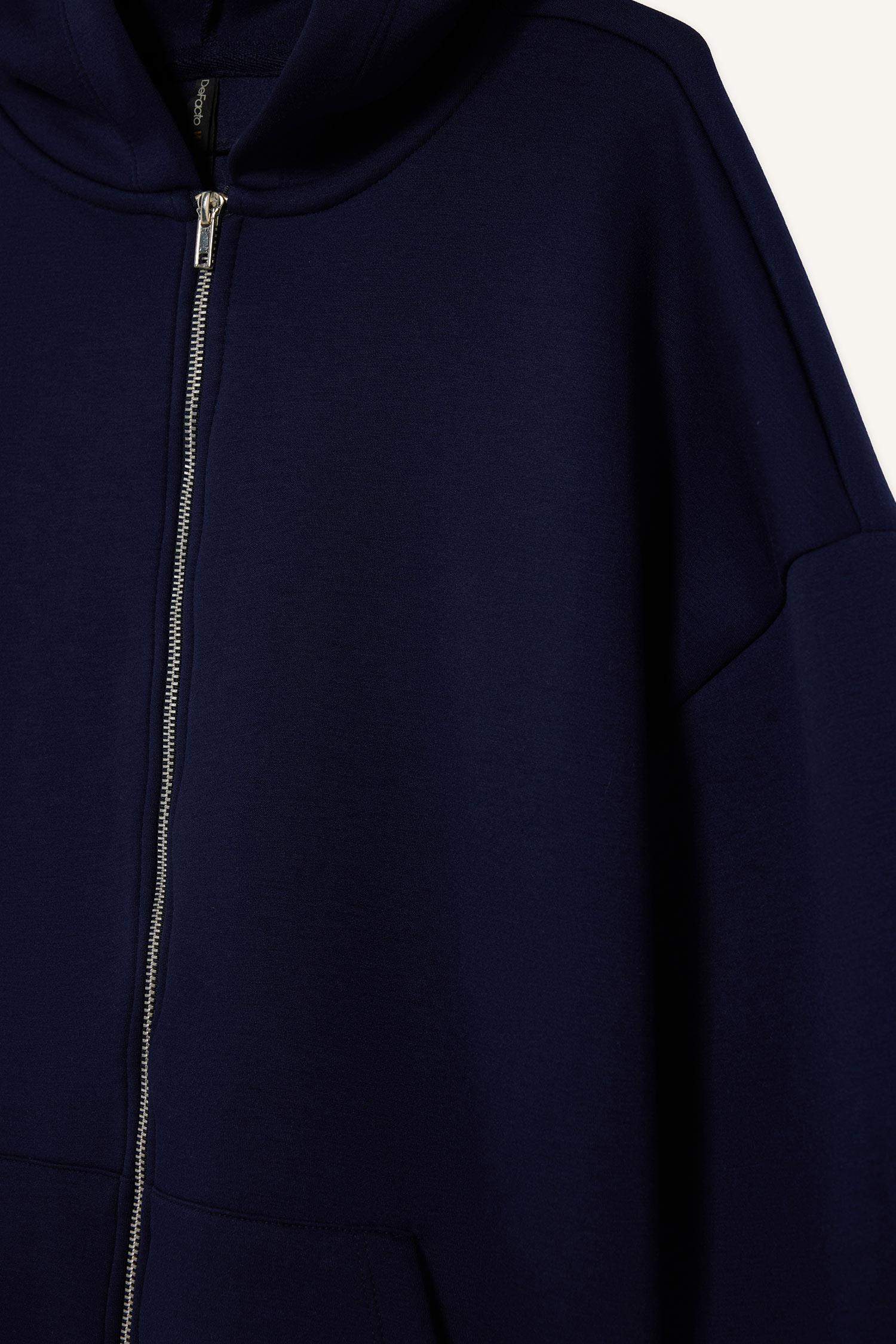 Oversize Geniş Kalıp Kapüşonlu Skuba Dalgıç Kumaş Fermuarlı Sweatshirt