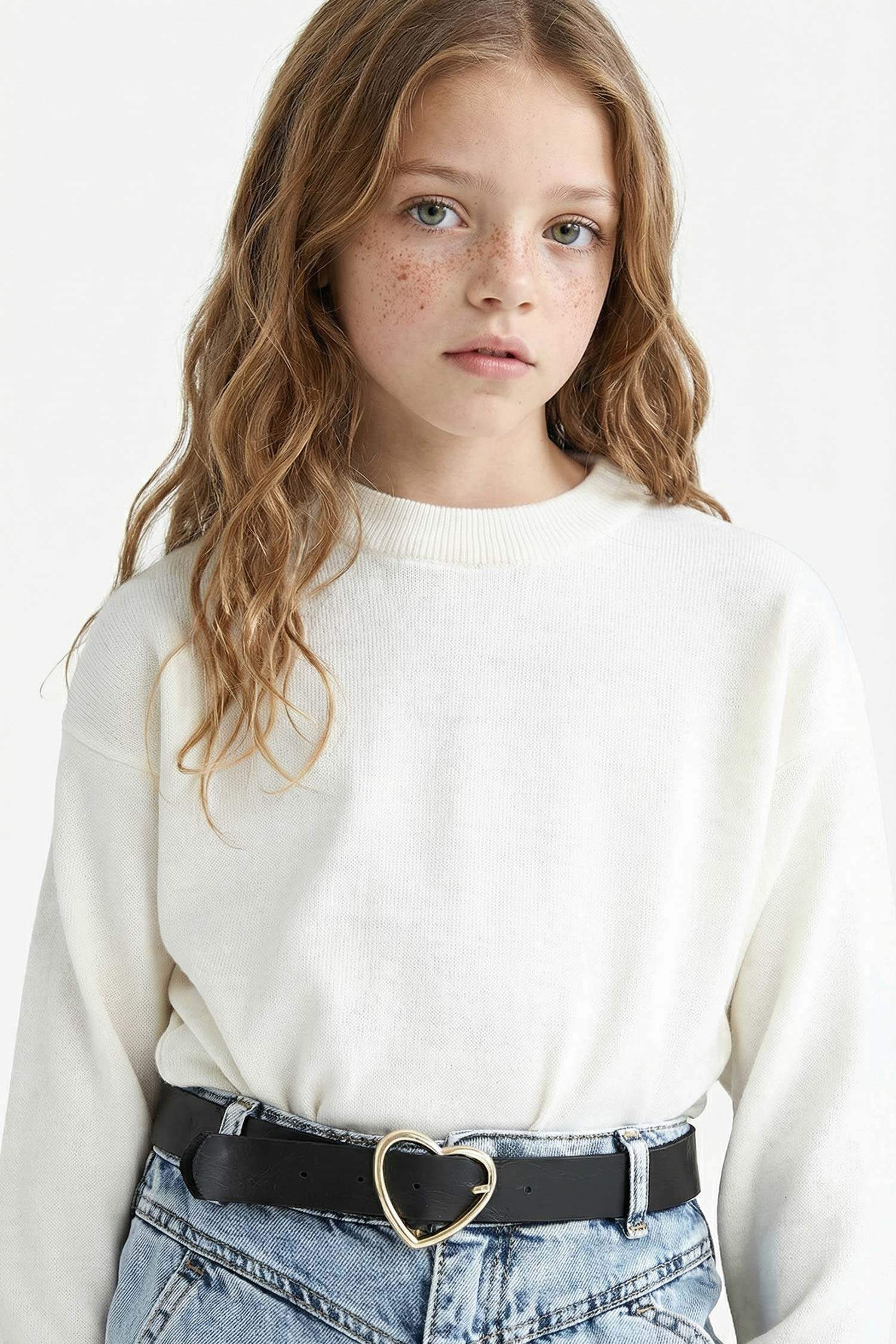 Kız Çocuk Ekru Standart Fit Bisiklet Yaka Basic Düz Triko Kazak