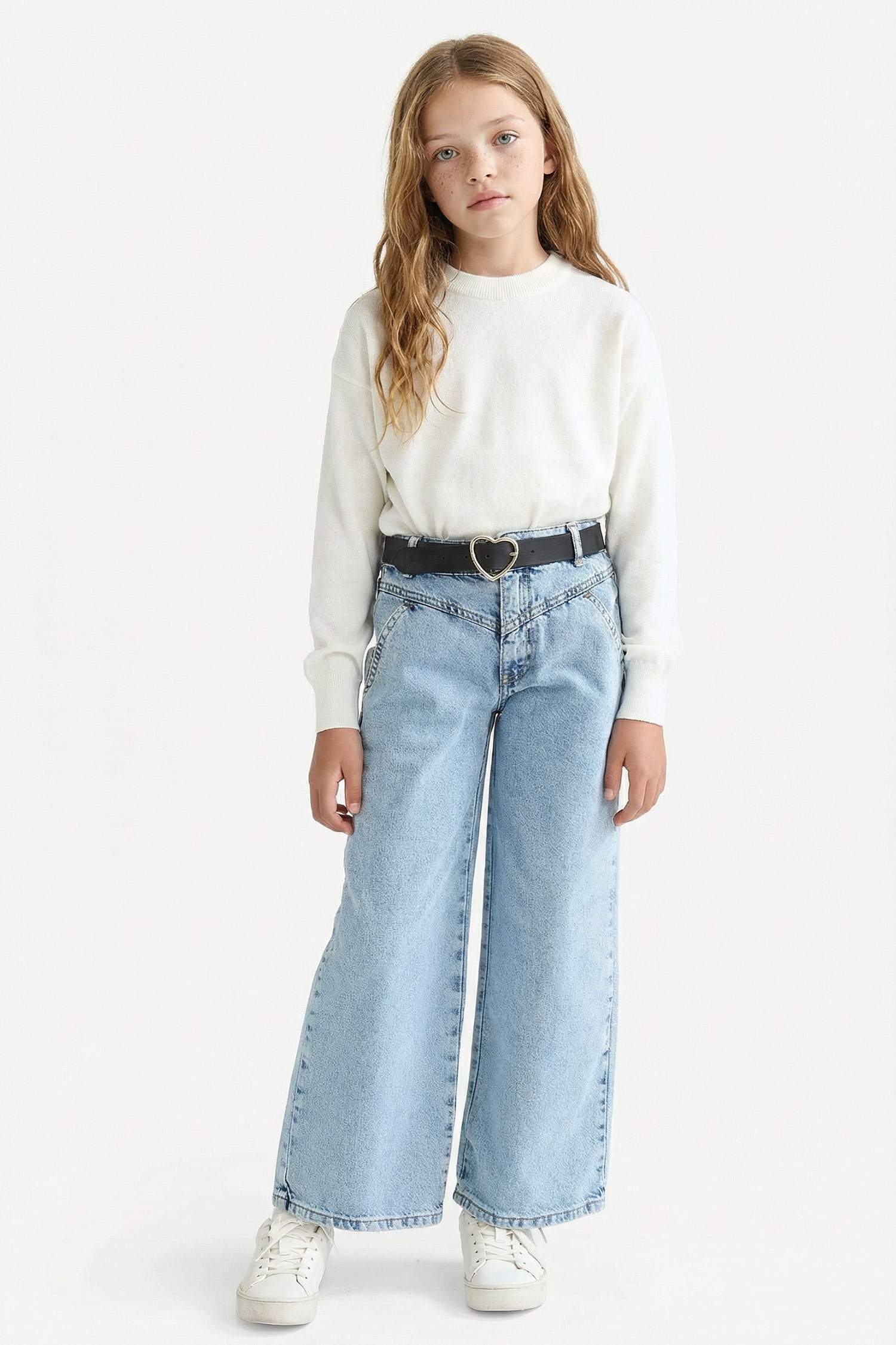 Kız Çocuk Ekru Standart Fit Bisiklet Yaka Basic Düz Triko Kazak