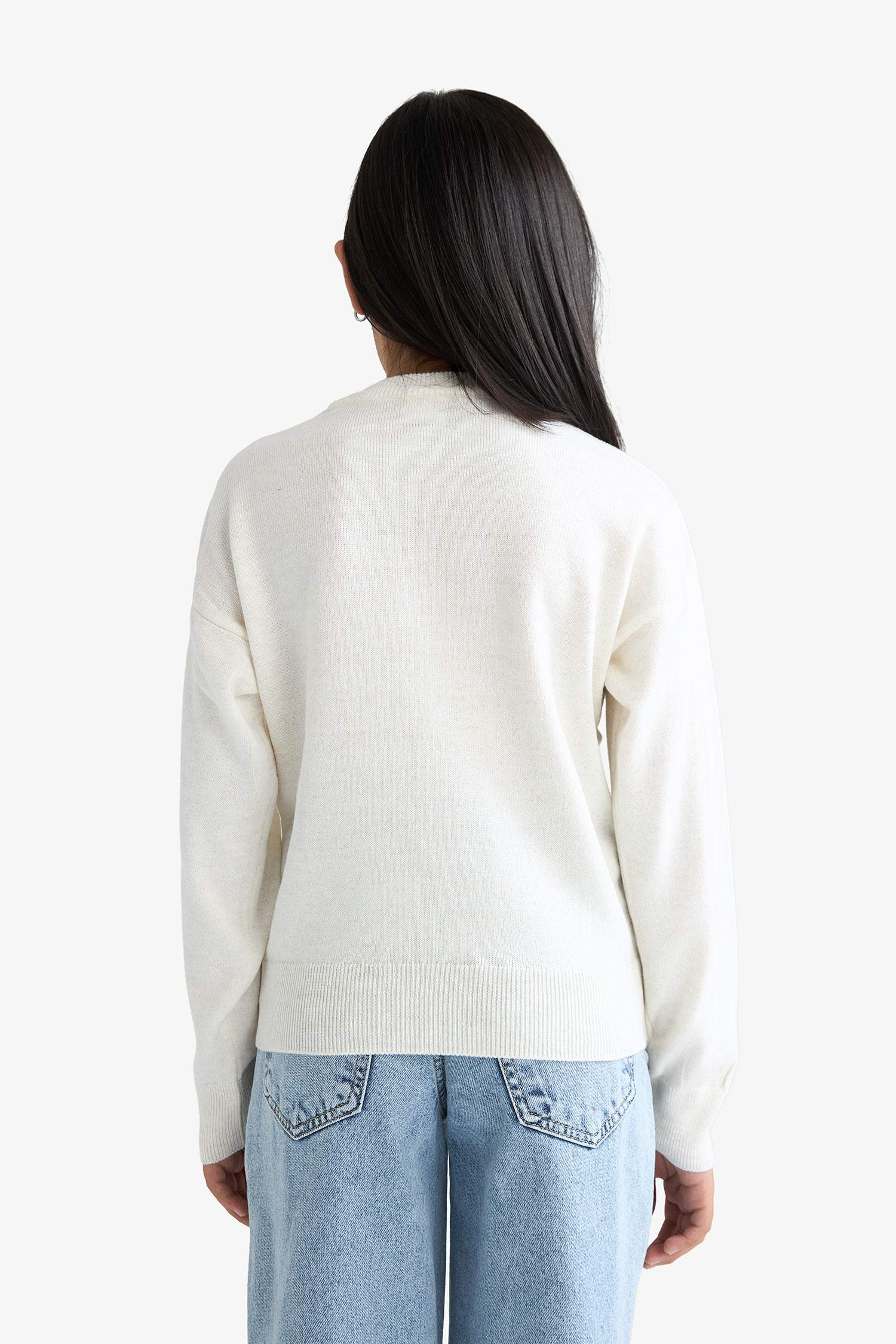 Kız Çocuk Ekru Standart Fit Bisiklet Yaka Basic Düz Triko Kazak