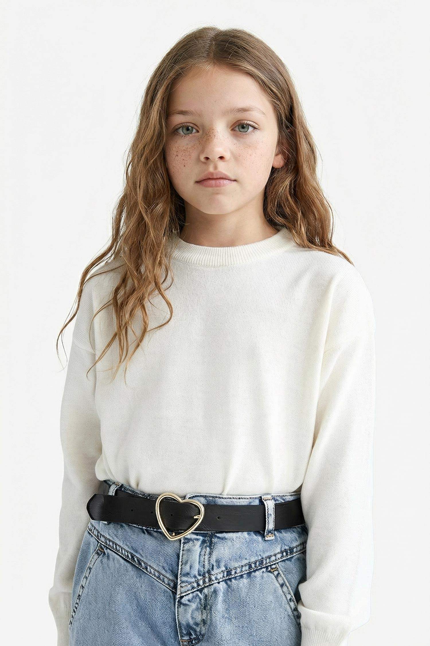 Kız Çocuk Ekru Standart Fit Bisiklet Yaka Basic Düz Triko Kazak