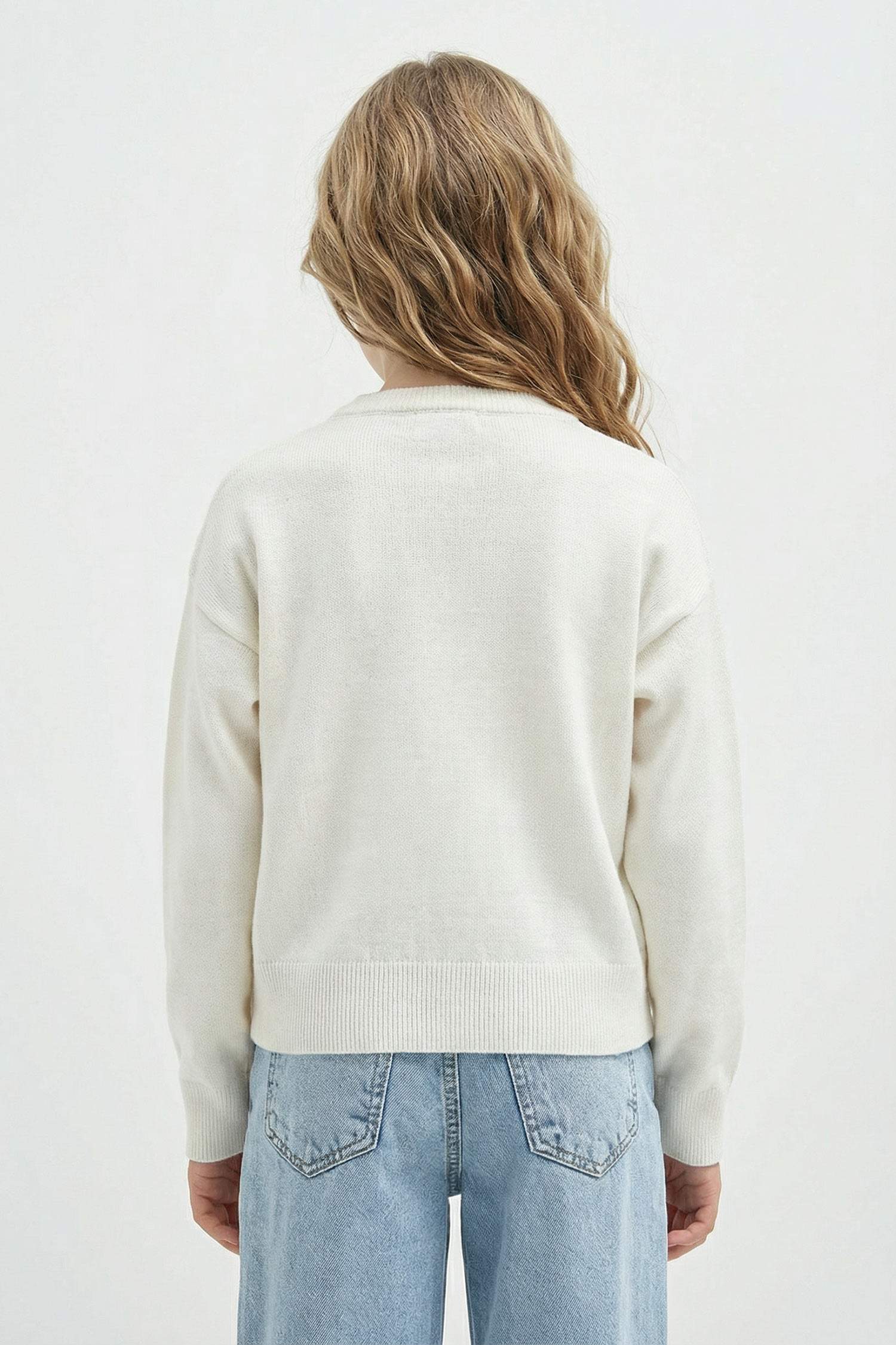 Kız Çocuk Ekru Standart Fit Bisiklet Yaka Basic Düz Triko Kazak