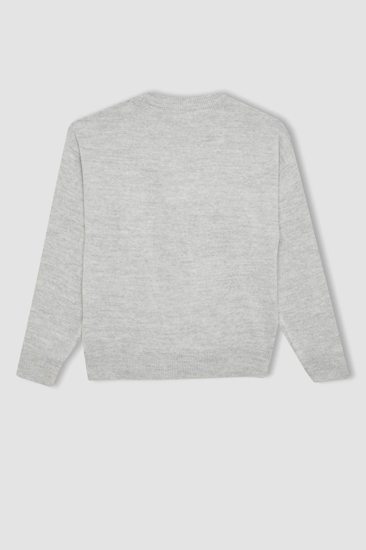 Kız Çocuk Açık Gri Standart Fit Bisiklet Yaka Basic Düz Triko Kazak