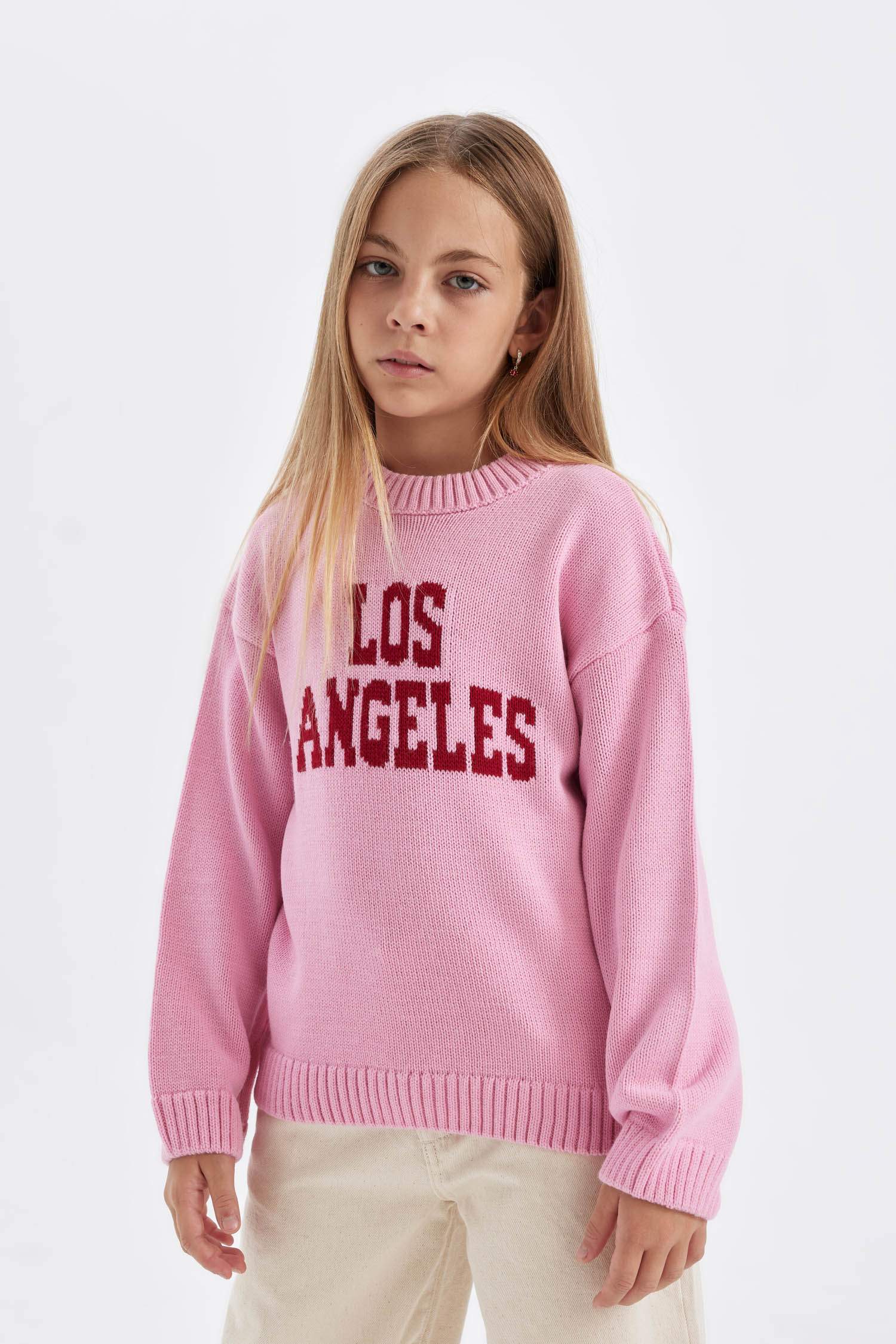 Kız Çocuk Oversize Geniş Kalıp Bisiklet Yaka Yazılı Desenli Triko Kazak