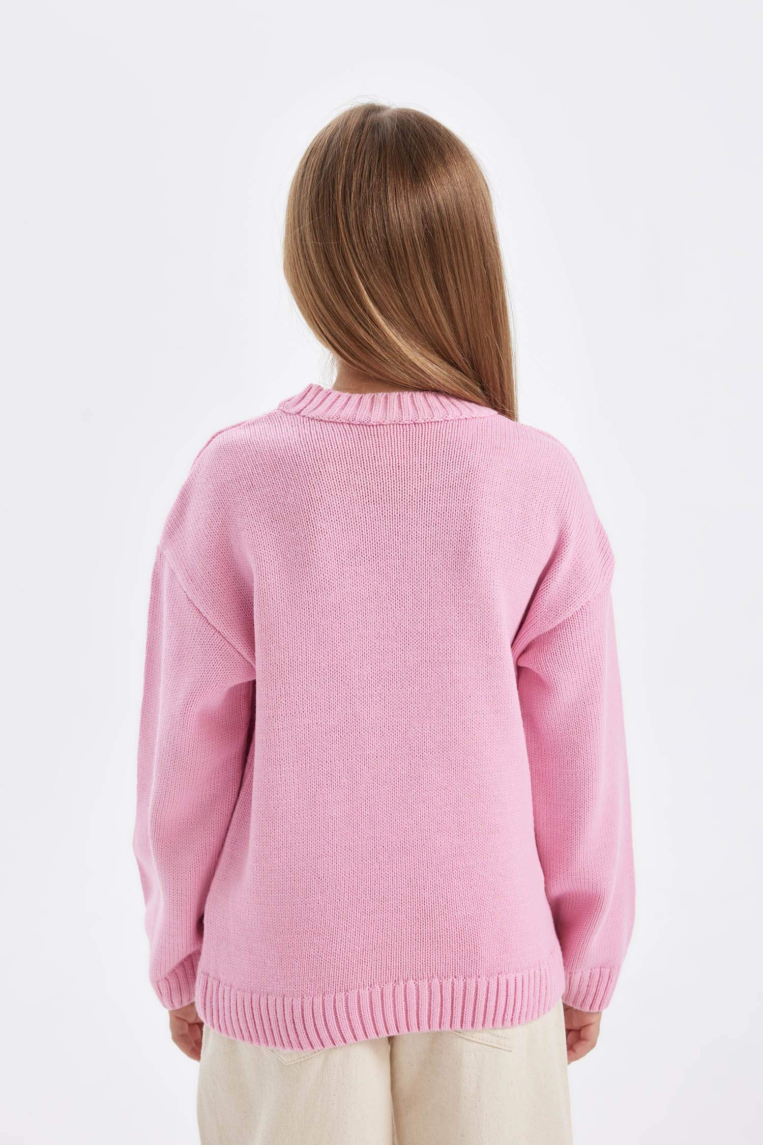 Kız Çocuk Oversize Geniş Kalıp Bisiklet Yaka Yazılı Desenli Triko Kazak