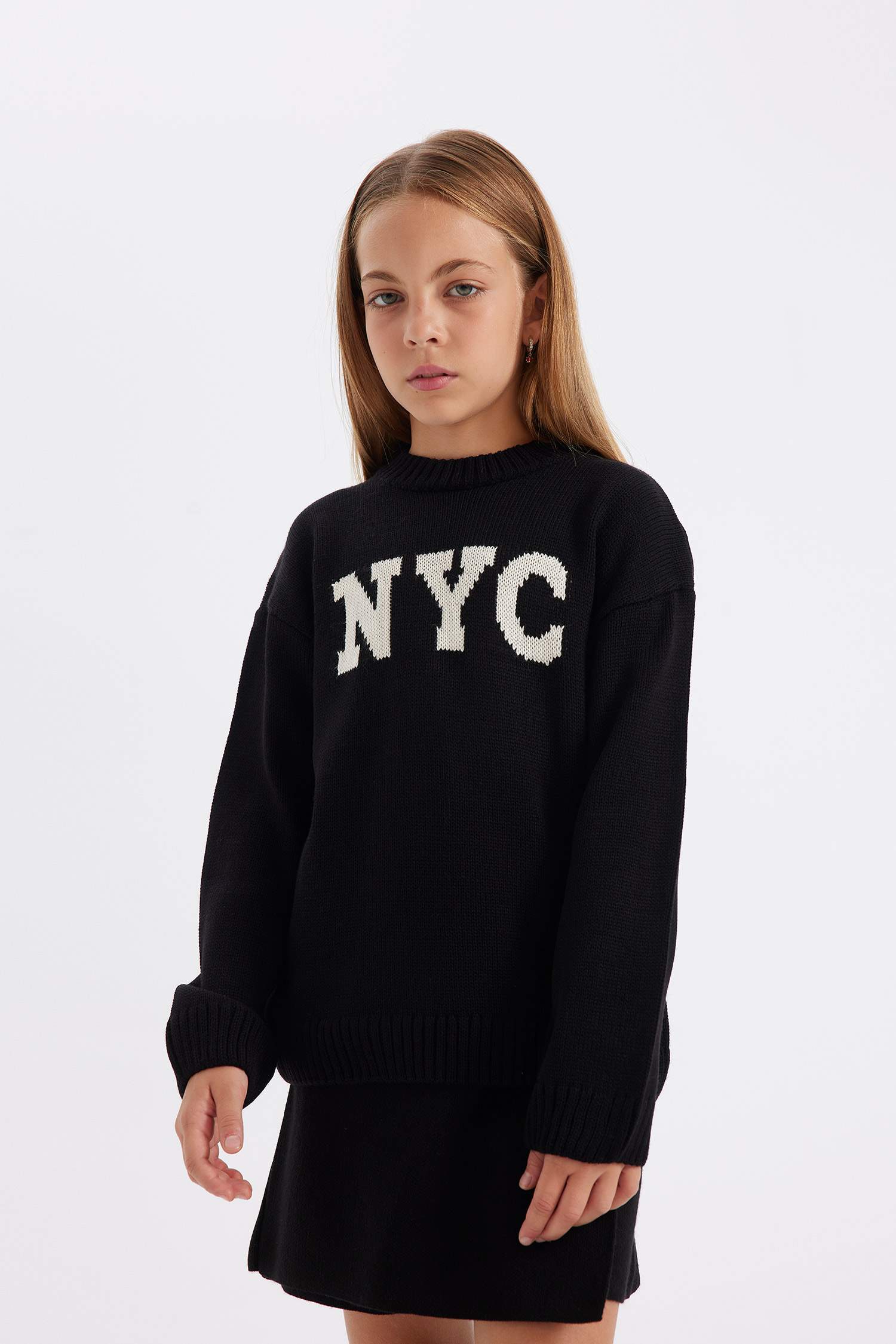 Girl Oversize Fit Written Patterned Knitted Pullover