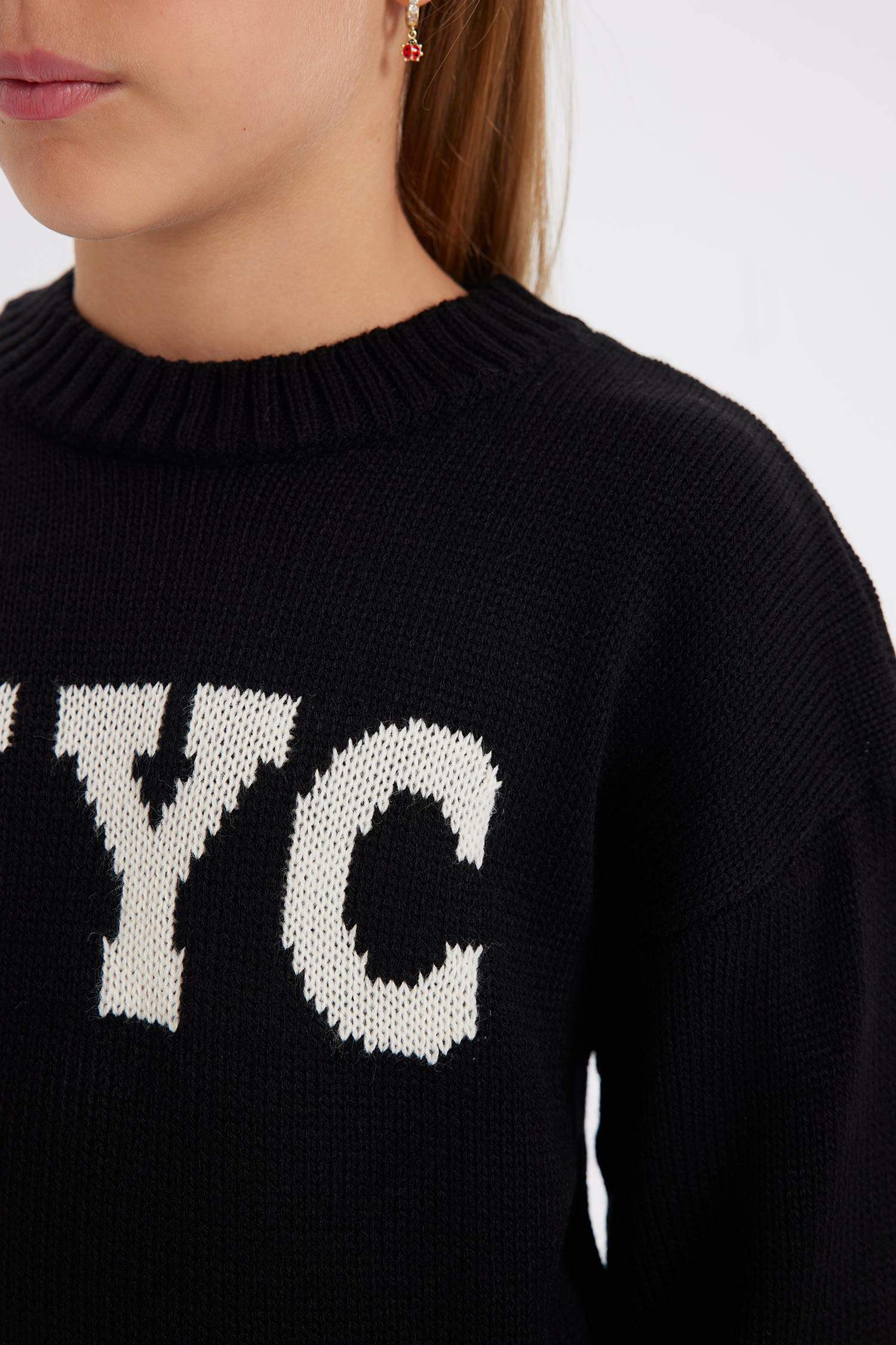 Girl Oversize Fit Written Patterned Knitted Pullover