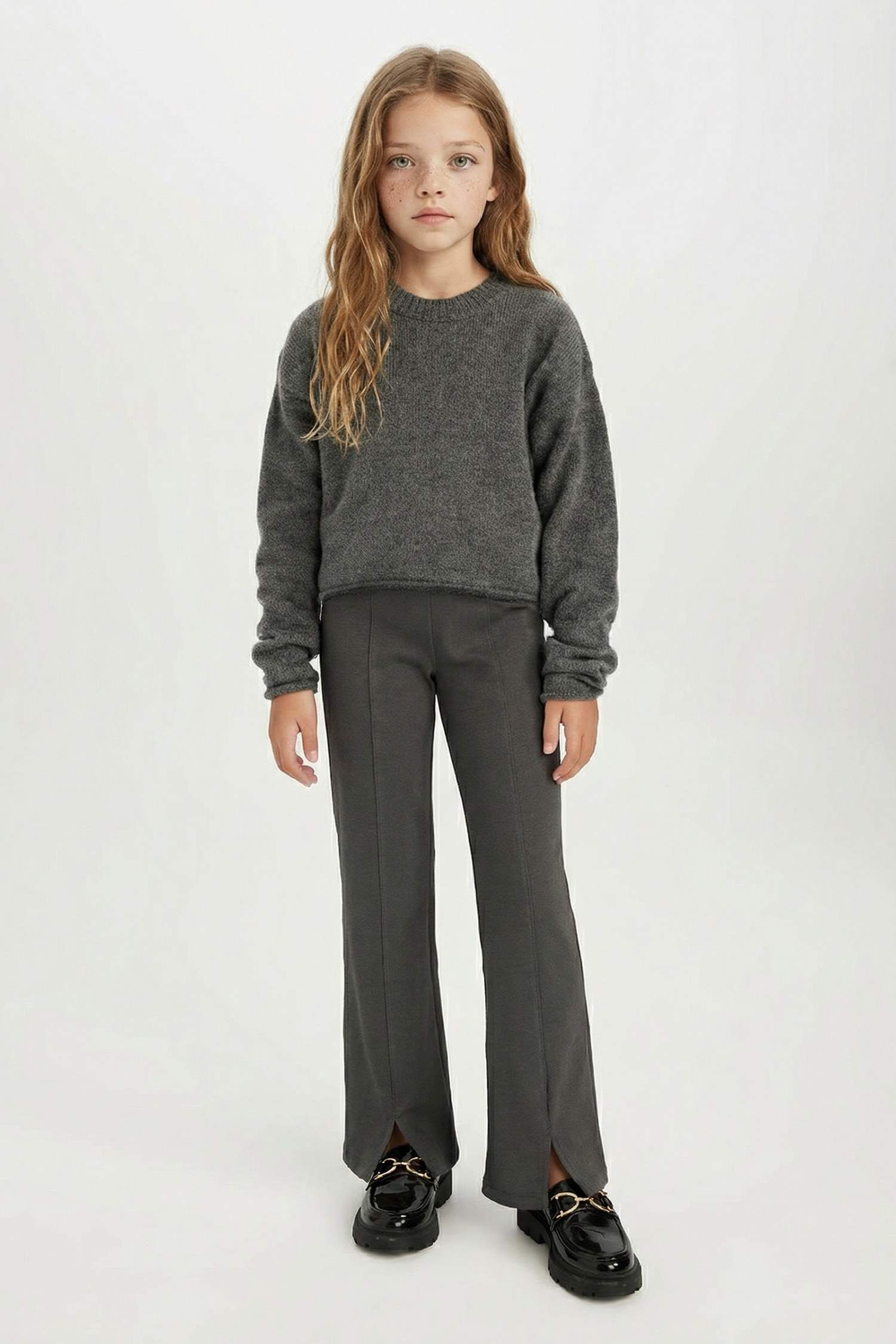 Kız Çocuk Standart Fit Bisiklet Yaka Basic Düz Triko Kazak