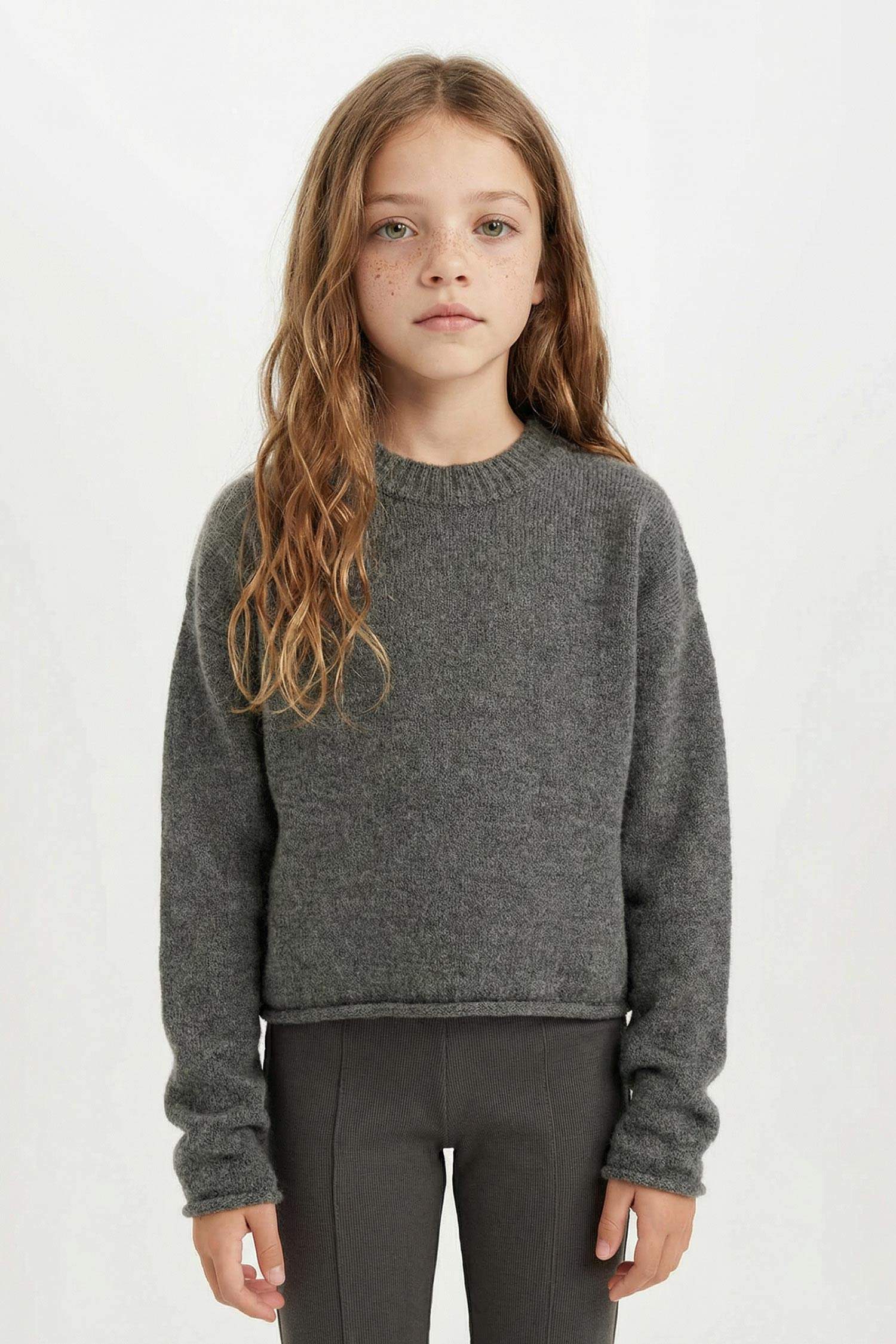 Kız Çocuk Standart Fit Bisiklet Yaka Basic Düz Triko Kazak