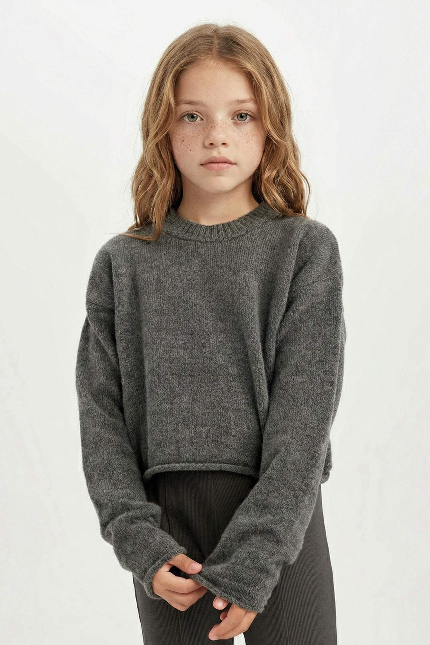 Kız Çocuk Standart Fit Bisiklet Yaka Basic Düz Triko Kazak