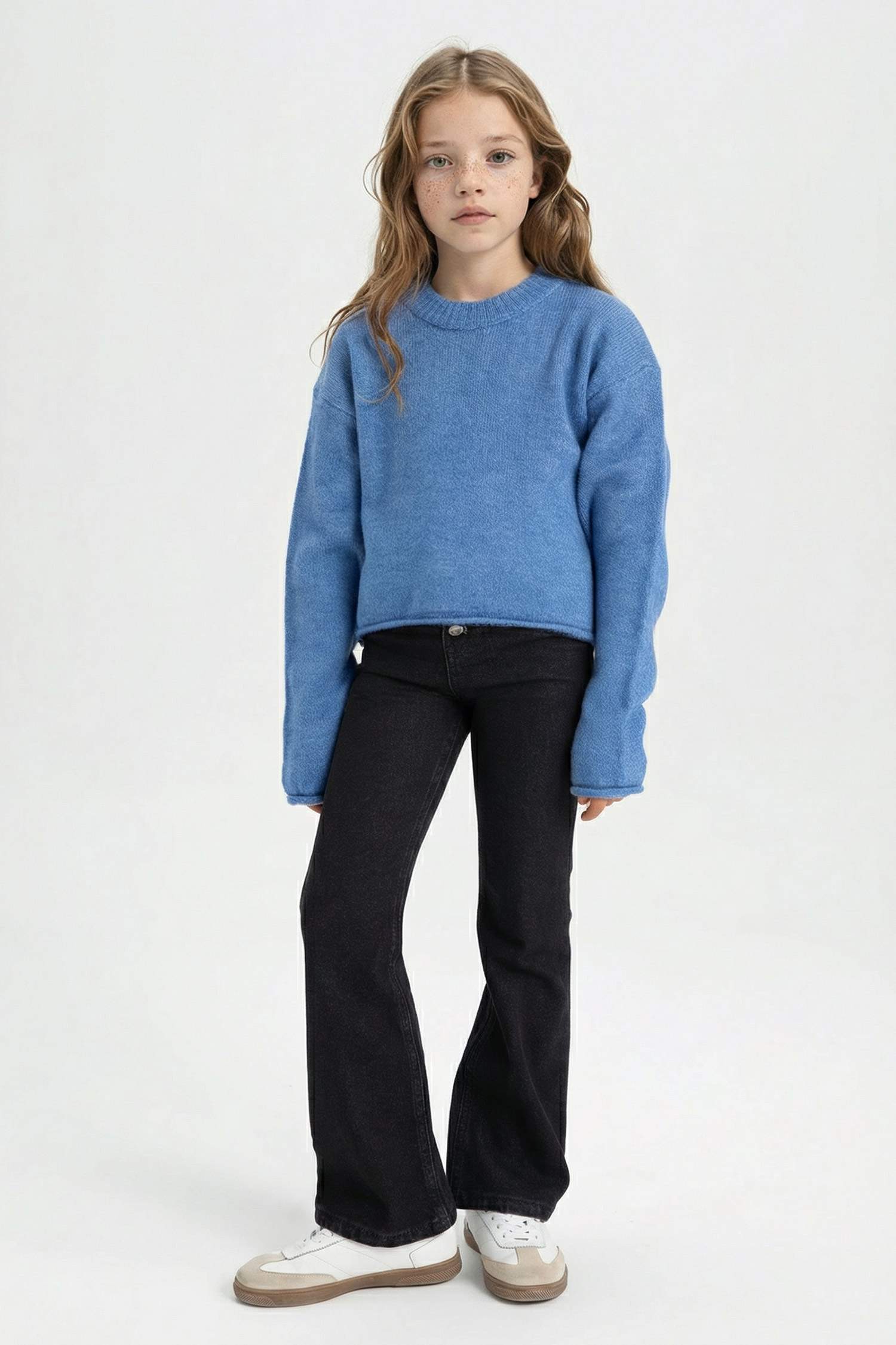 Kız Çocuk Mavi Standart Fit Bisiklet Yaka Basic Düz Triko Kazak