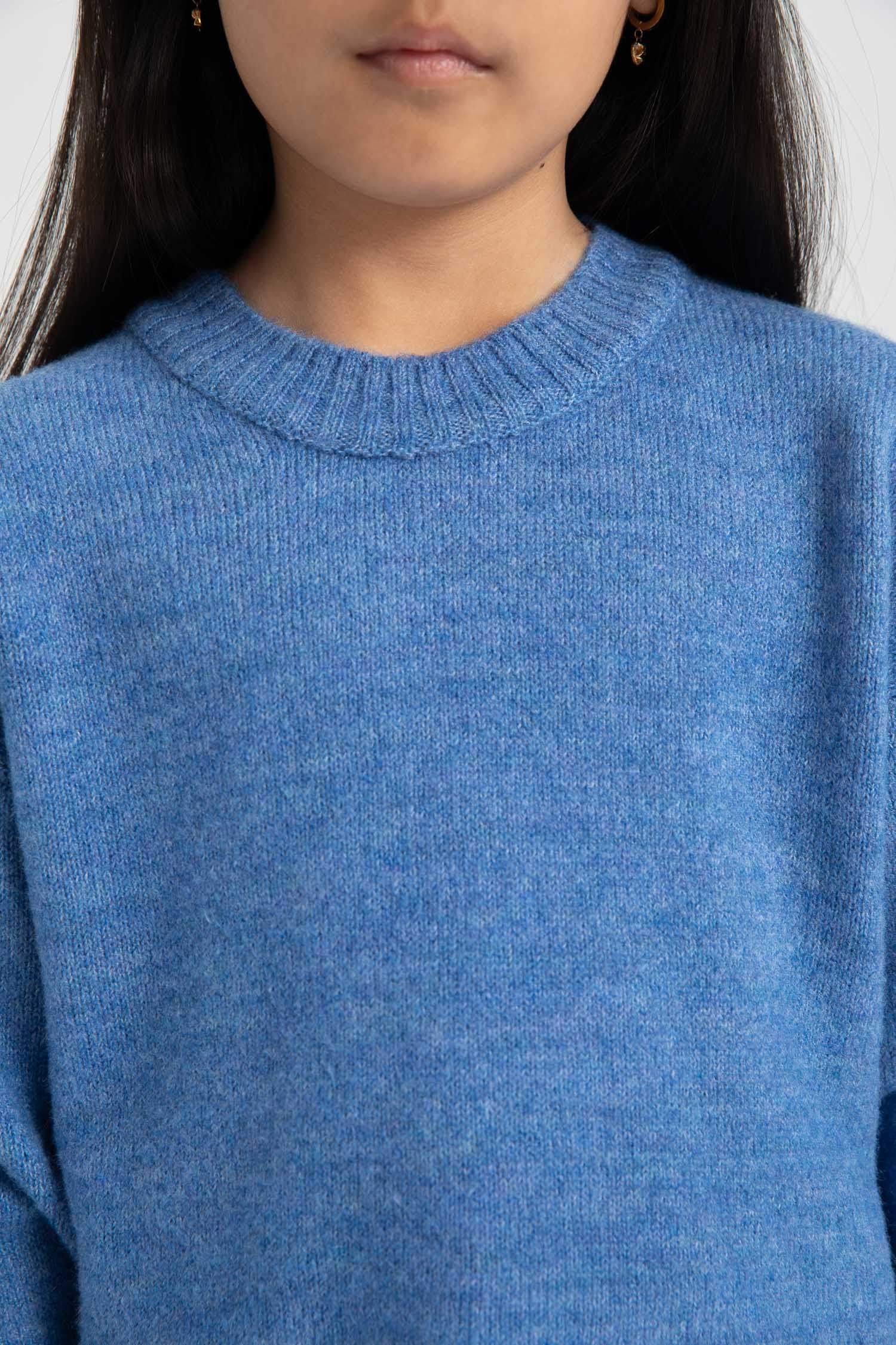 Kız Çocuk Mavi Standart Fit Bisiklet Yaka Basic Düz Triko Kazak