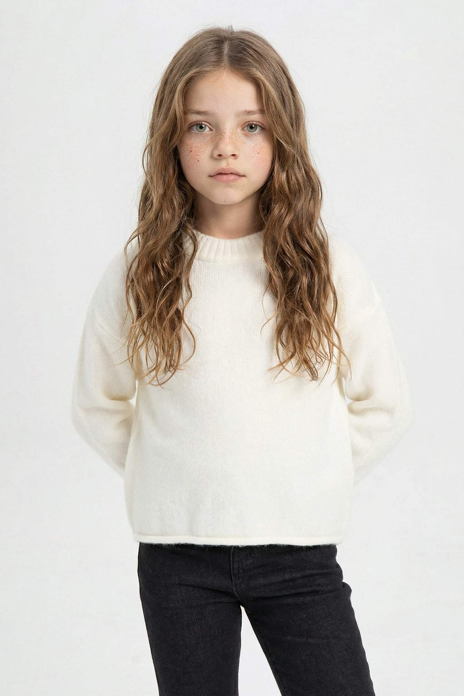 Kız Çocuk Ekru Standart Fit Bisiklet Yaka Basic Düz Triko Kazak