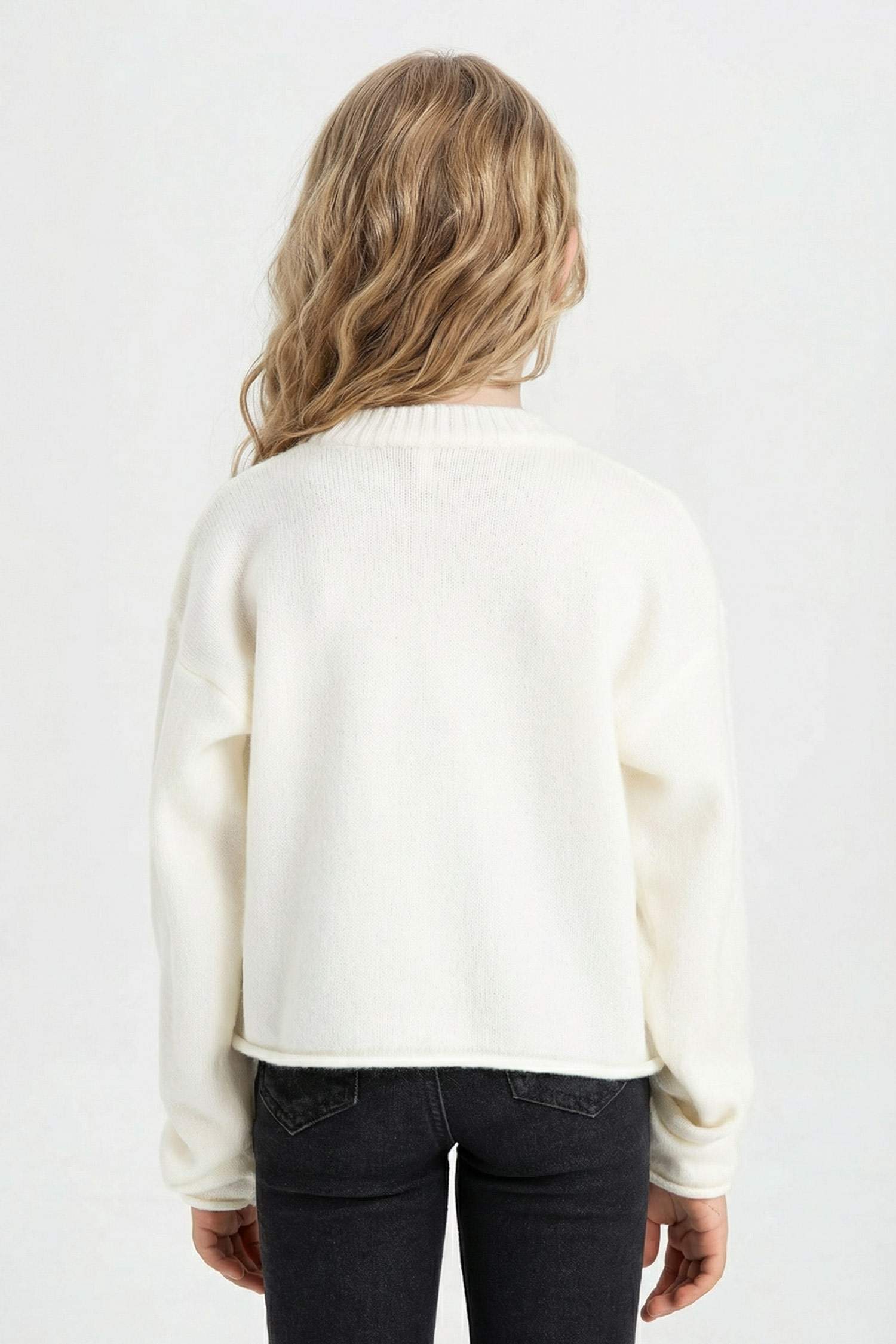 Kız Çocuk Ekru Standart Fit Bisiklet Yaka Basic Düz Triko Kazak