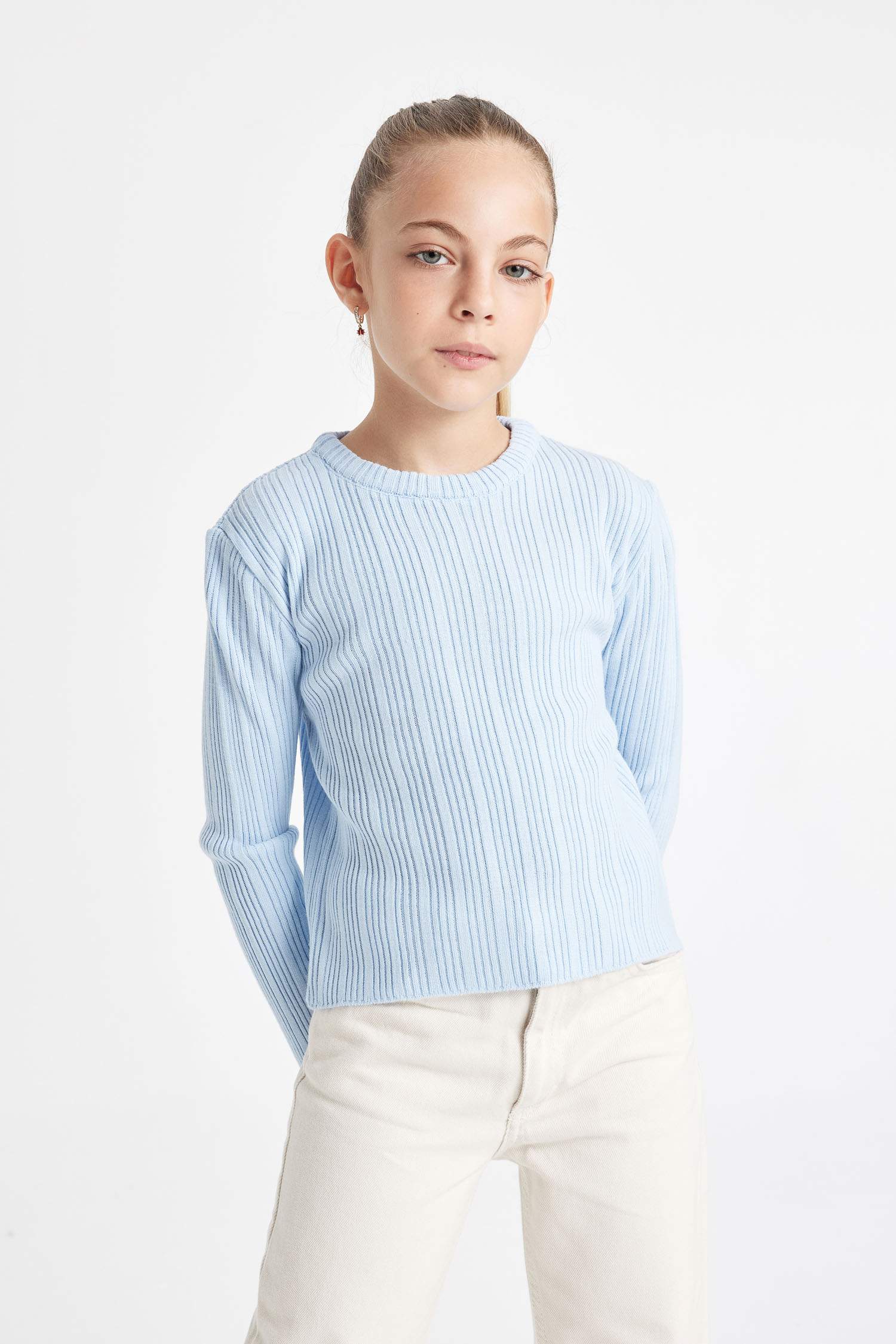 Kız Çocuk Mavi Standart Fit Bisiklet Yaka Triko Kazak