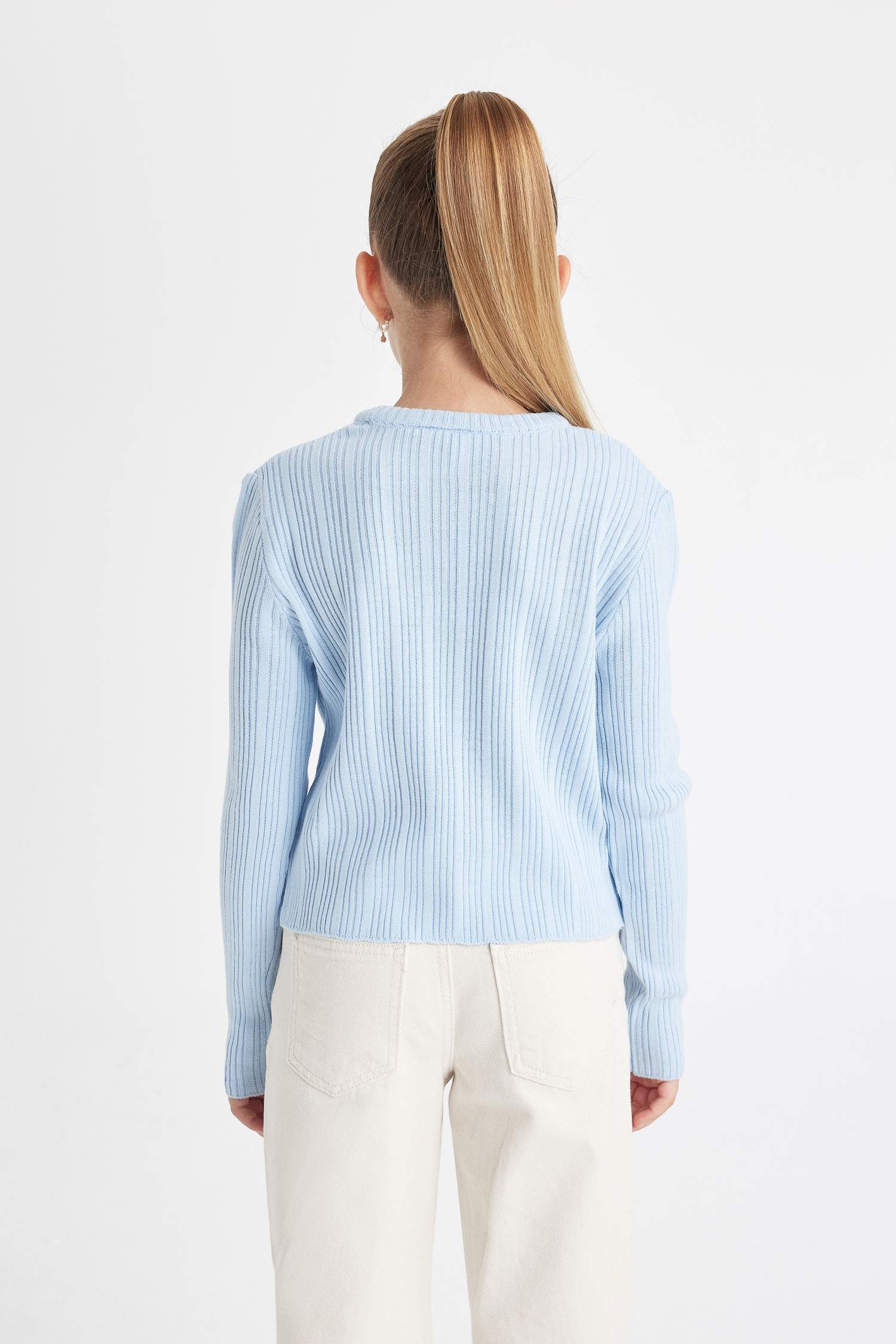 Kız Çocuk Mavi Standart Fit Bisiklet Yaka Triko Kazak