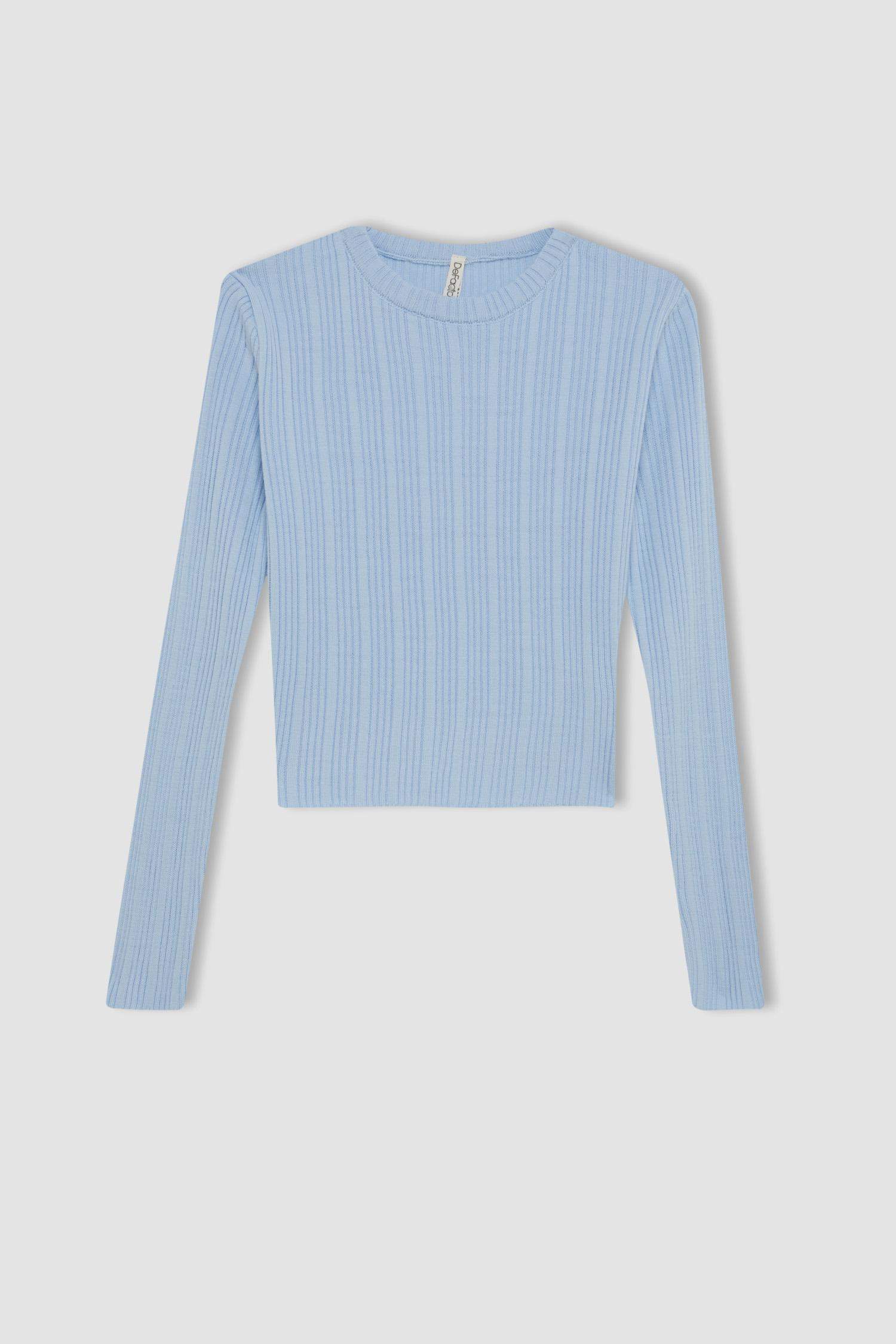 Kız Çocuk Mavi Standart Fit Bisiklet Yaka Triko Kazak