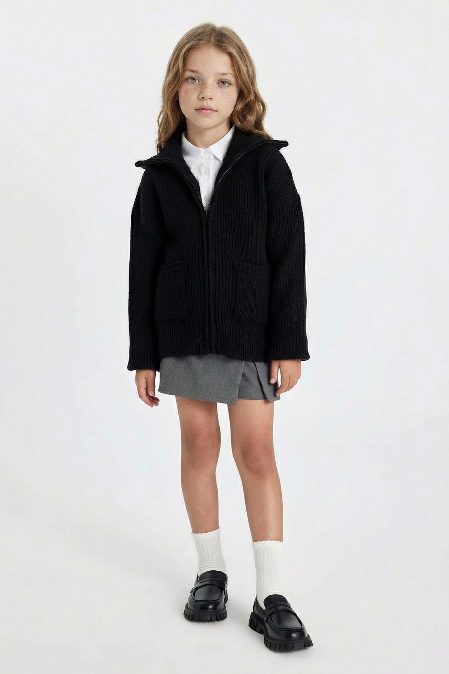 Triko Basic Düz Dik Yaka Fermuarlı Cepli Siyah Okul Hırkası Kız Çocuk