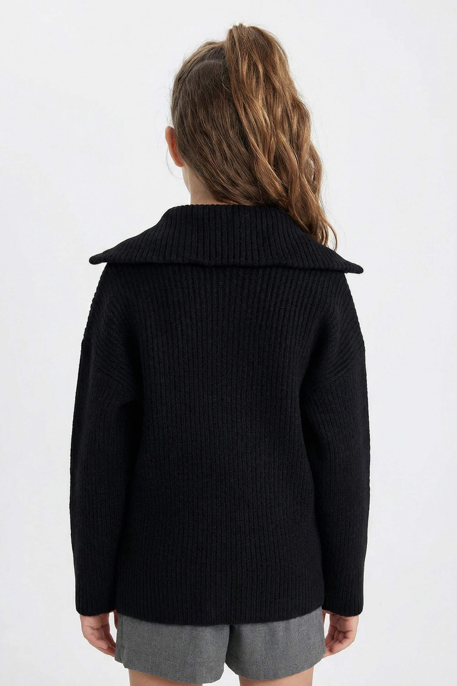 Triko Basic Düz Dik Yaka Fermuarlı Cepli Siyah Okul Hırkası Kız Çocuk